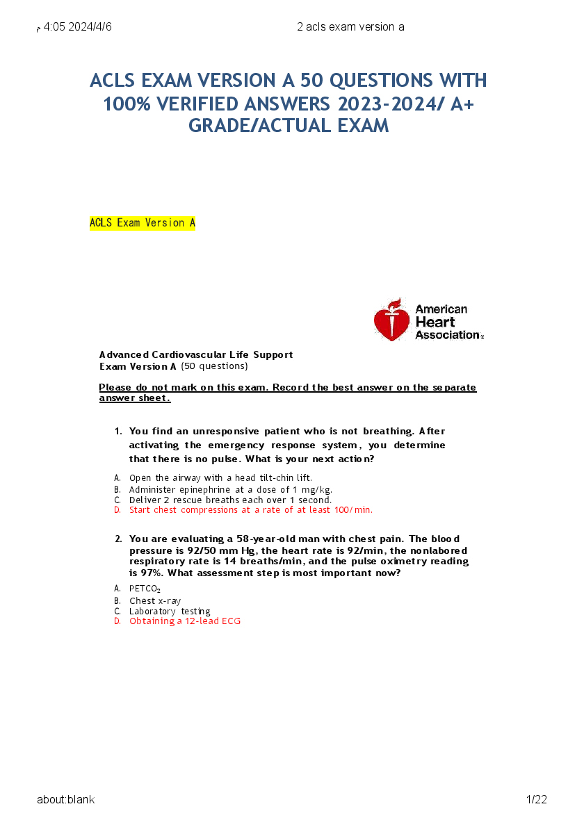 Preview of ACLS EXAM VERSION A 50 QUESTIONS WITH  100% VERIFIED ANSWERS 2023-2024/ A+  GRADE/ACTUAL EXAM