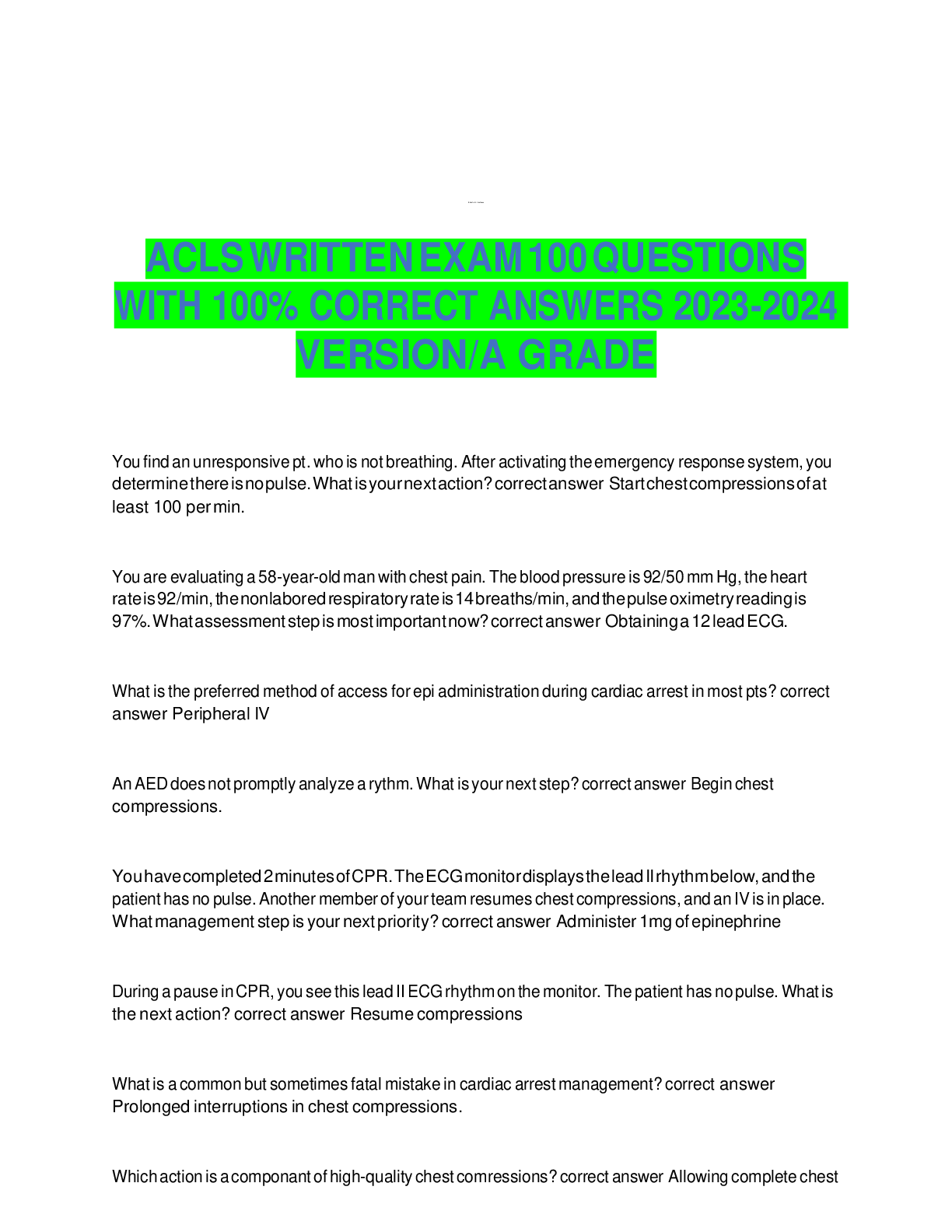 Preview of ACLS WRITTEN EXAM 100 QUESTIONS  WITH 100% CORRECT ANSWERS 2023-2024  VERSION/A GRADE