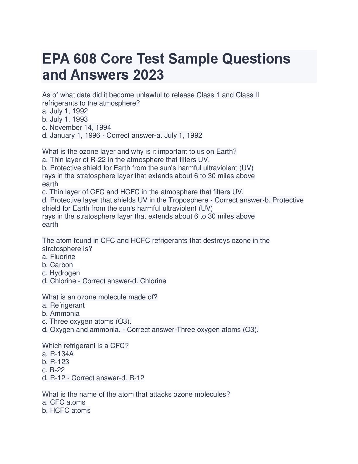 Preview of EPA 608 Core Test Sample Questions  and Answers 2025