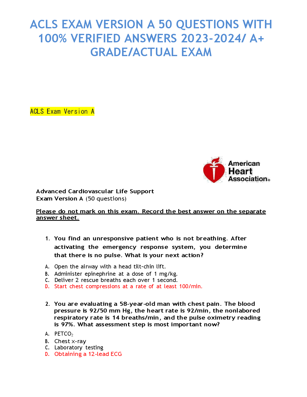 Preview of ACLS EXAM VERSION A 50 QUESTIONS WITH  100% VERIFIED ANSWERS 2023-2024/ A+  GRADE/ACTUAL EXAM