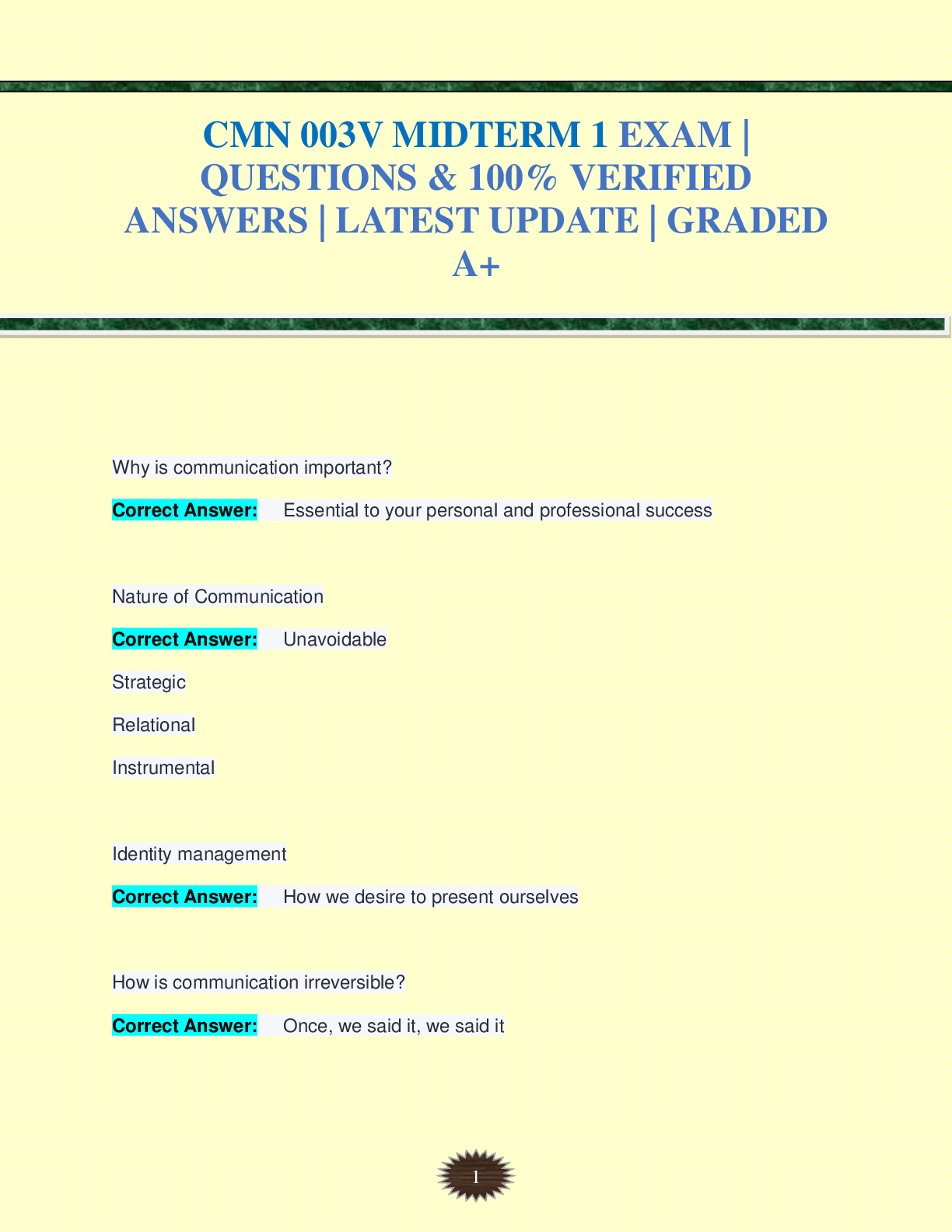 Preview image for CMN 003V MIDTERM 1 EXAM |  QUESTIONS & 100% VERIFIED  ANSWERS | LATEST UPDATE | GRADED  A+