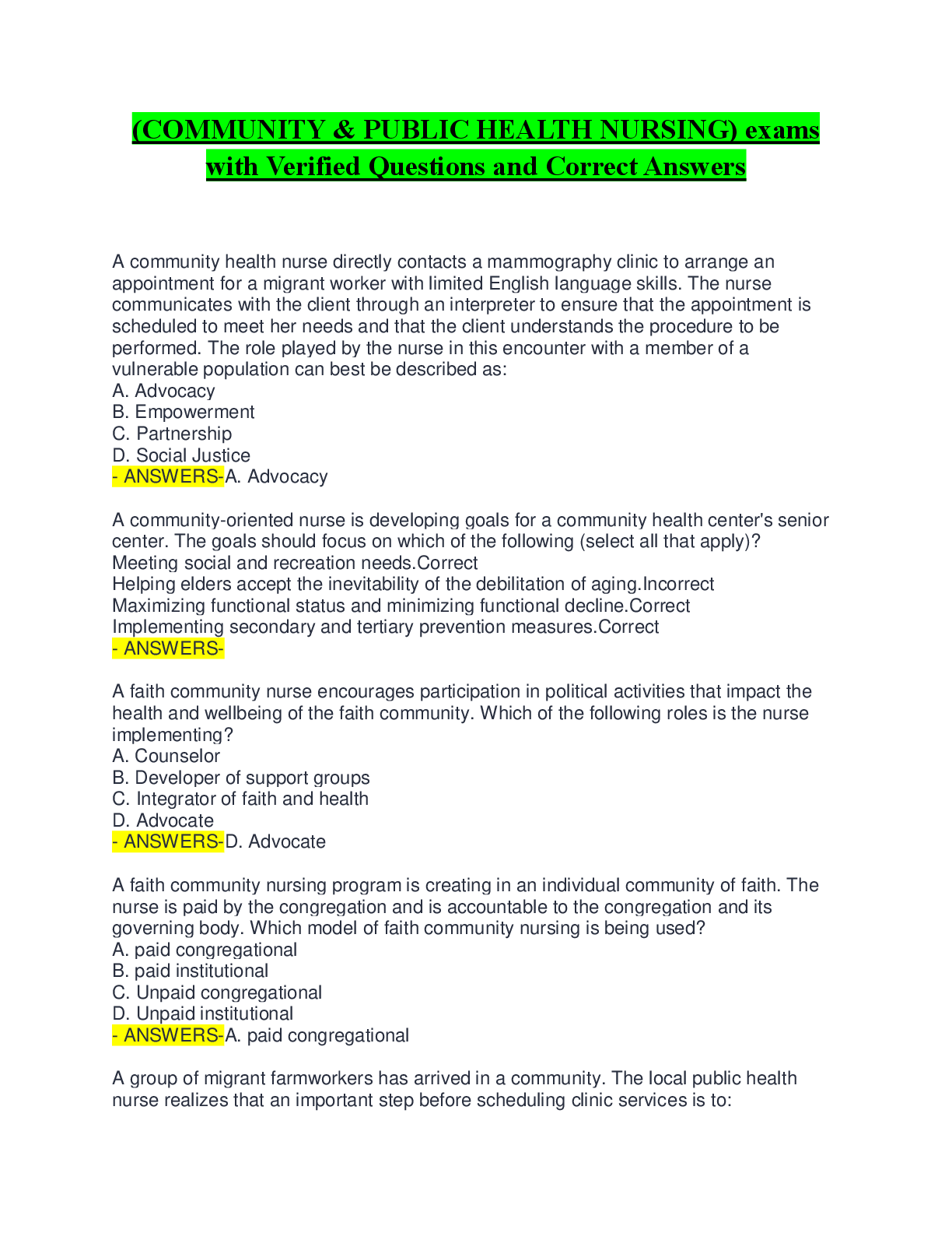 Preview image for (COMMUNITY & PUBLIC HEALTH NURSING) exams  with Verified Questions and Correct Answers