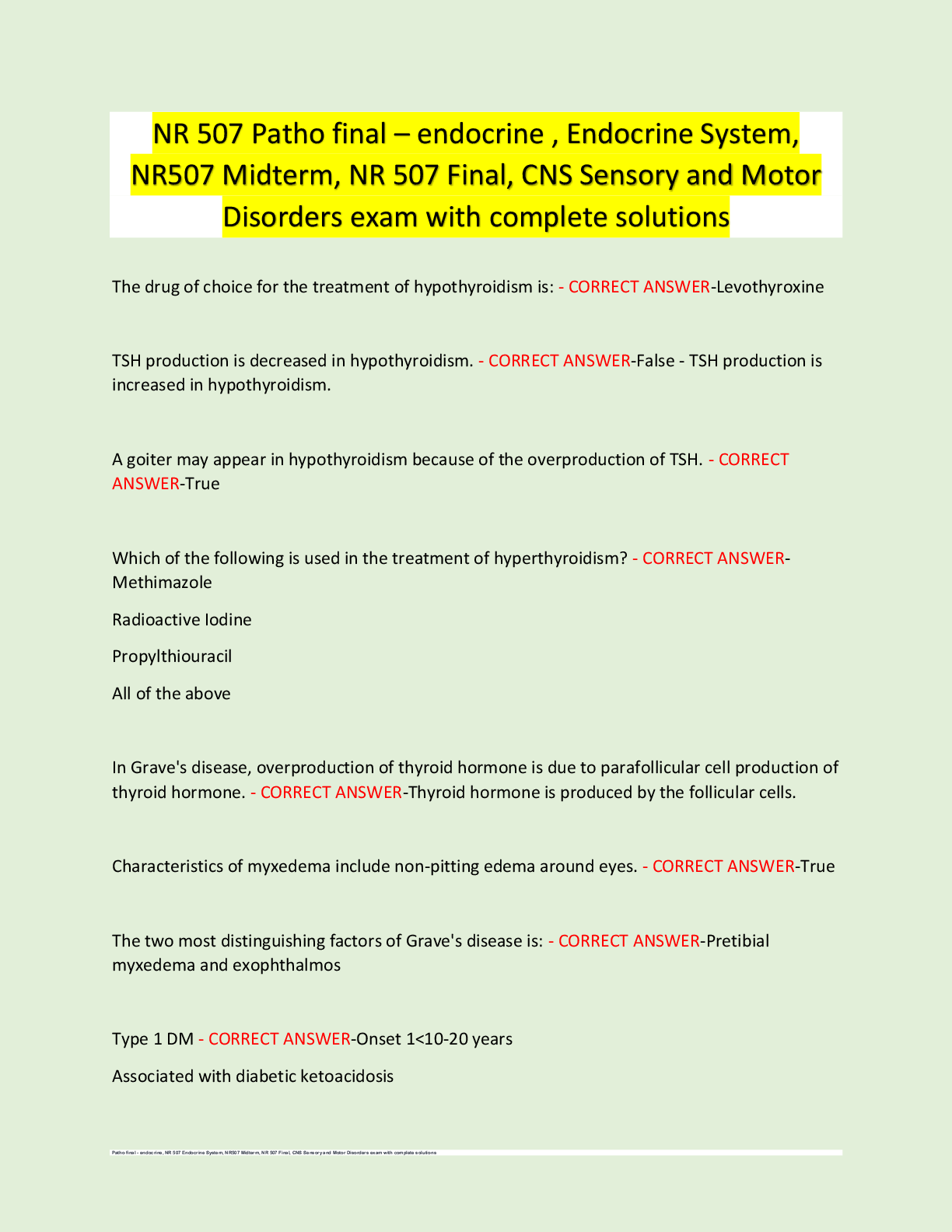 Preview image for NR 507 Patho final – endocrine , Endocrine System,  NR507 Midterm, NR 507 Final, CNS Sensory and Motor  Disorders exam with complete solutions