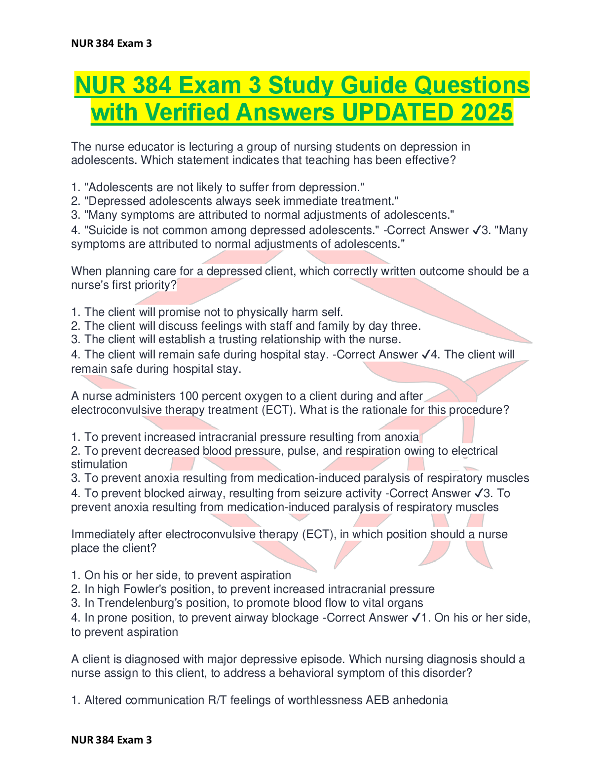 Preview of NUR 384 Exam 3 Study Guide Questions  with Verified Answers UPDATED 2025