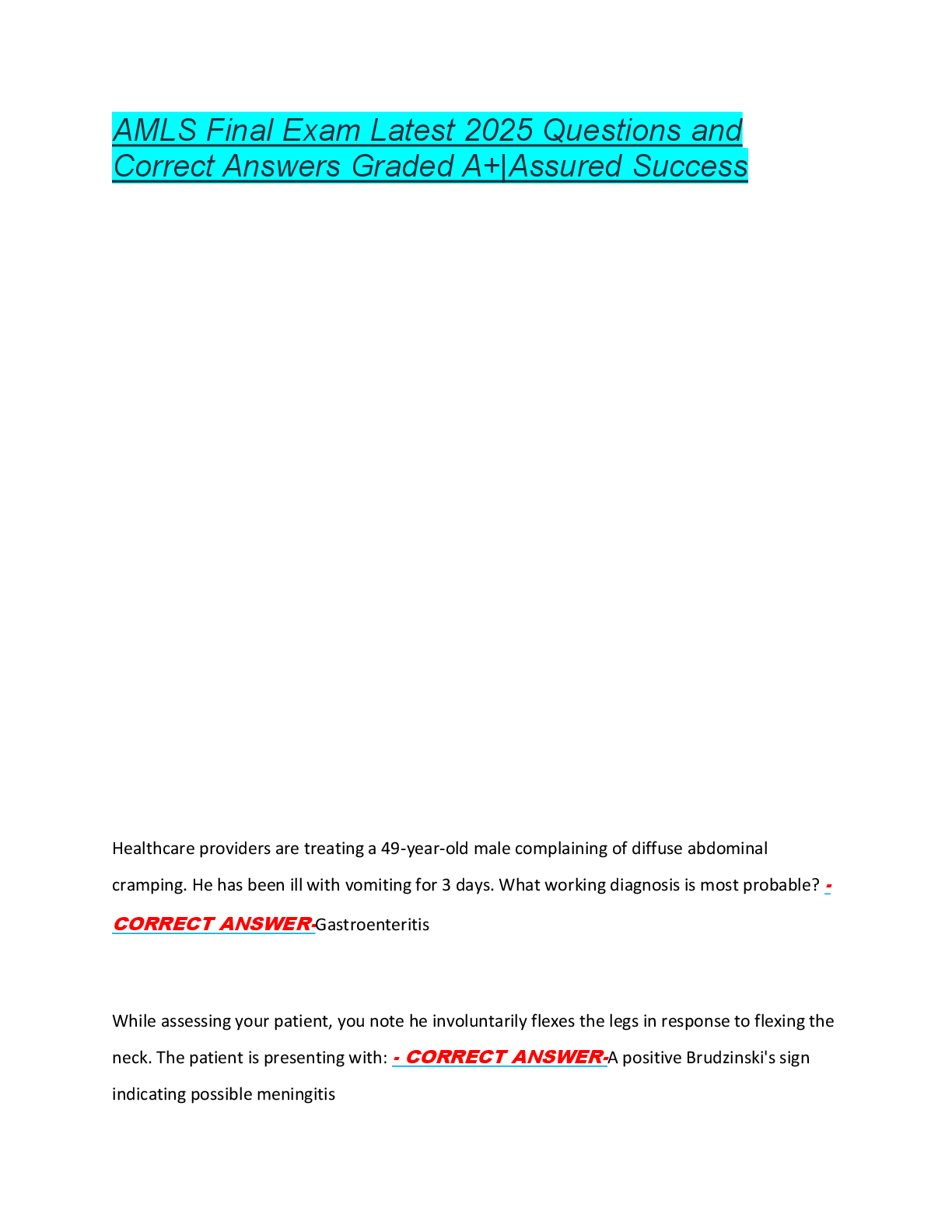 AMLS Final Exam Latest 2025 Questions and  Correct Answers Graded A+|Assured Success