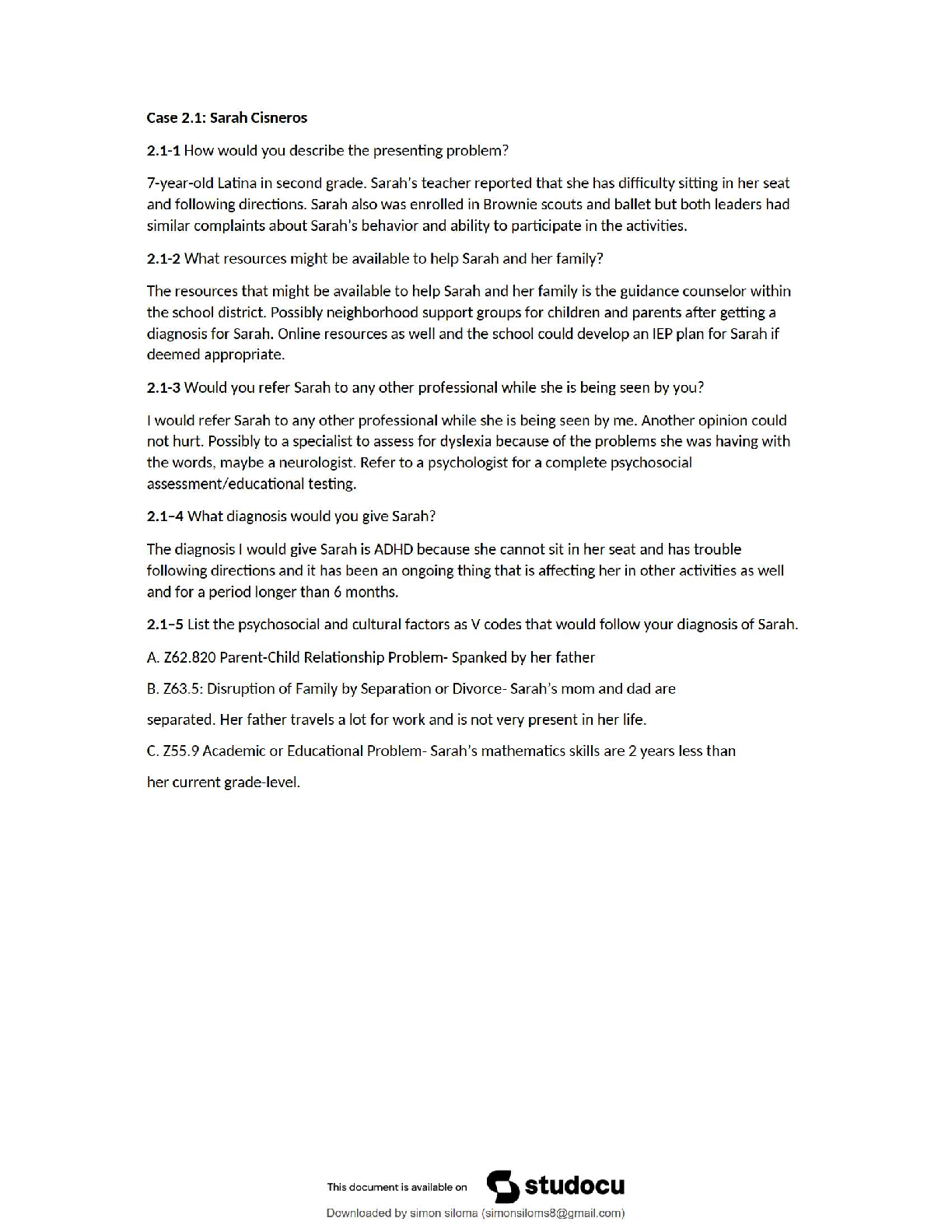 Preview of Pomeroy Case 2.1 / Sarah Cisneros / Clinical Assessment Workbook   2025 Update