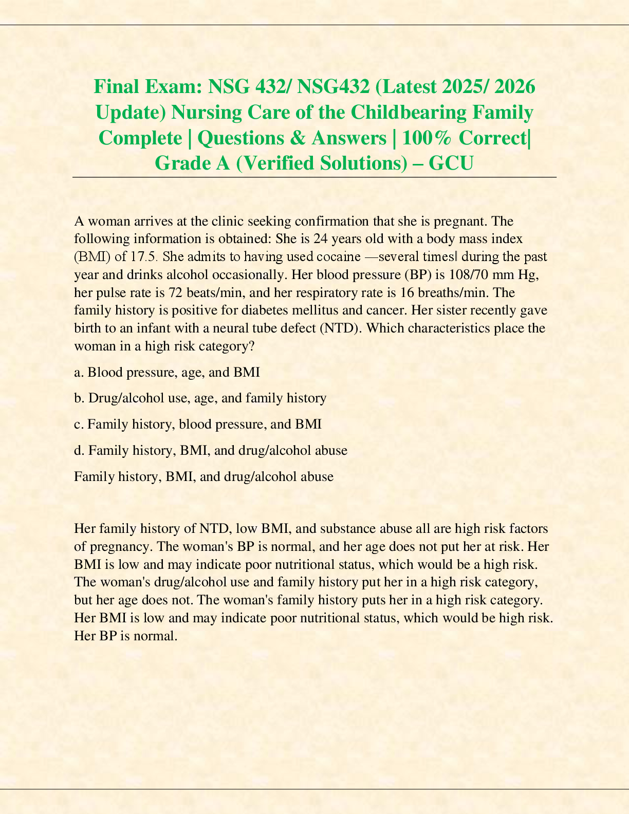 Preview of Final Exam: NSG 432/ NSG432 (Latest 2025/ 2026  Update) Nursing Care of the Childbearing Family  Complete | Questions &amp; Answers | 100% Correct|  Grade A (Verified Solutions) – GCU