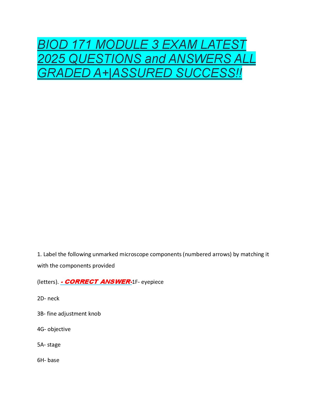 Preview of BIOD 171 MODULE 3 EXAM LATEST  2025 QUESTIONS and ANSWERS ALL  GRADED A+|ASSURED SUCCESS!!