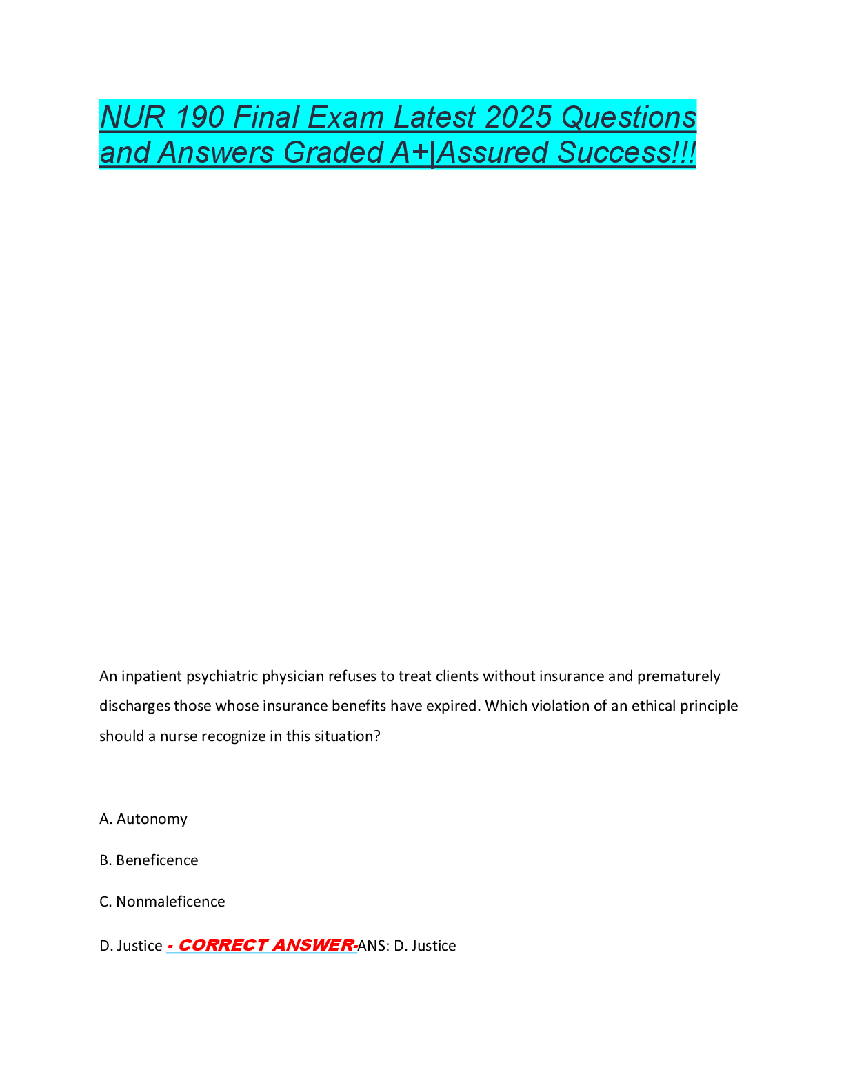 Preview of NUR 190 Final Exam Latest 2025 Questions  and Answers Graded A+|Assured Success!!!
