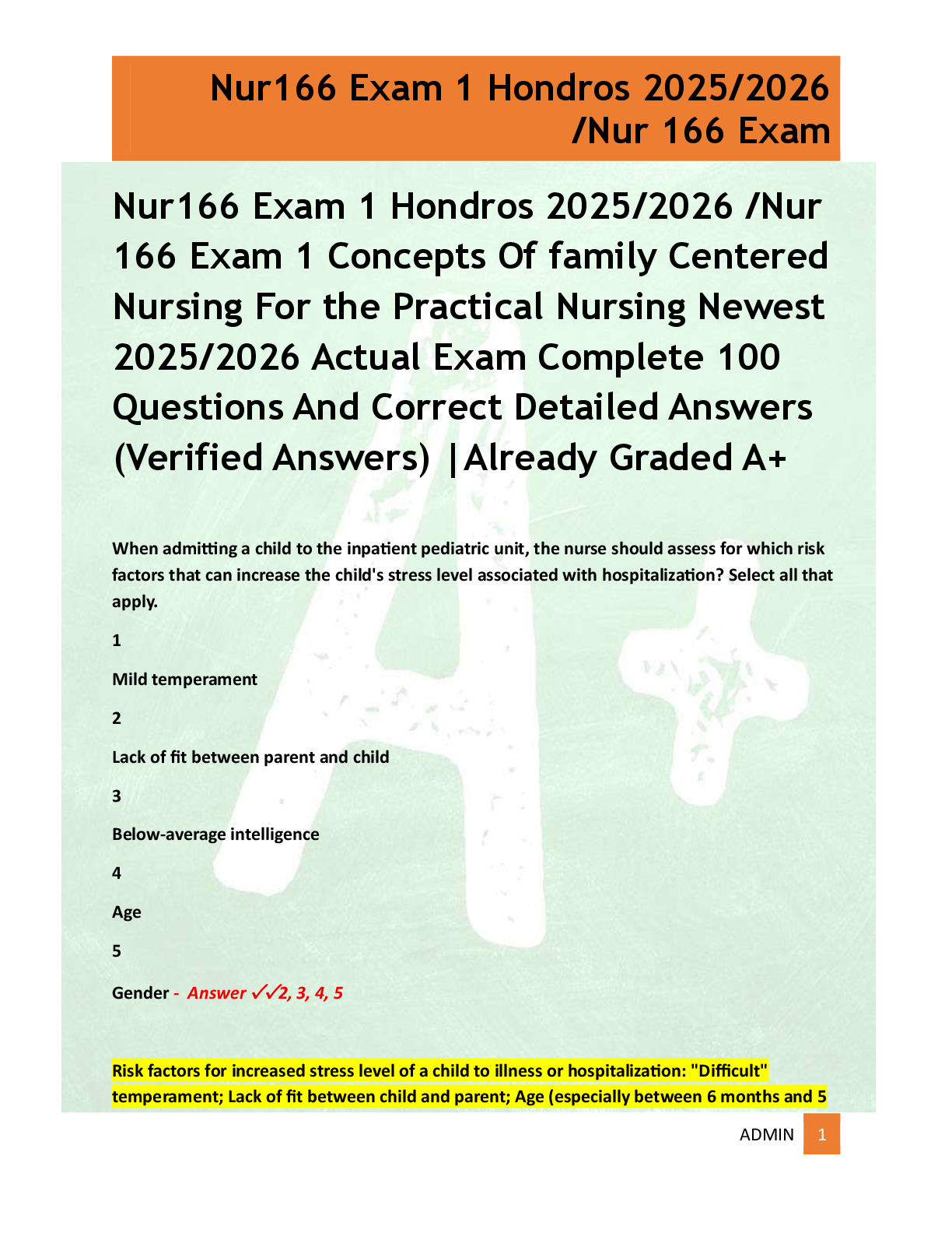 Preview of Nur166 Exam 1 Hondros 2025/2026 /Nur  166 Exam 1 Concepts Of family Centered  Nursing For