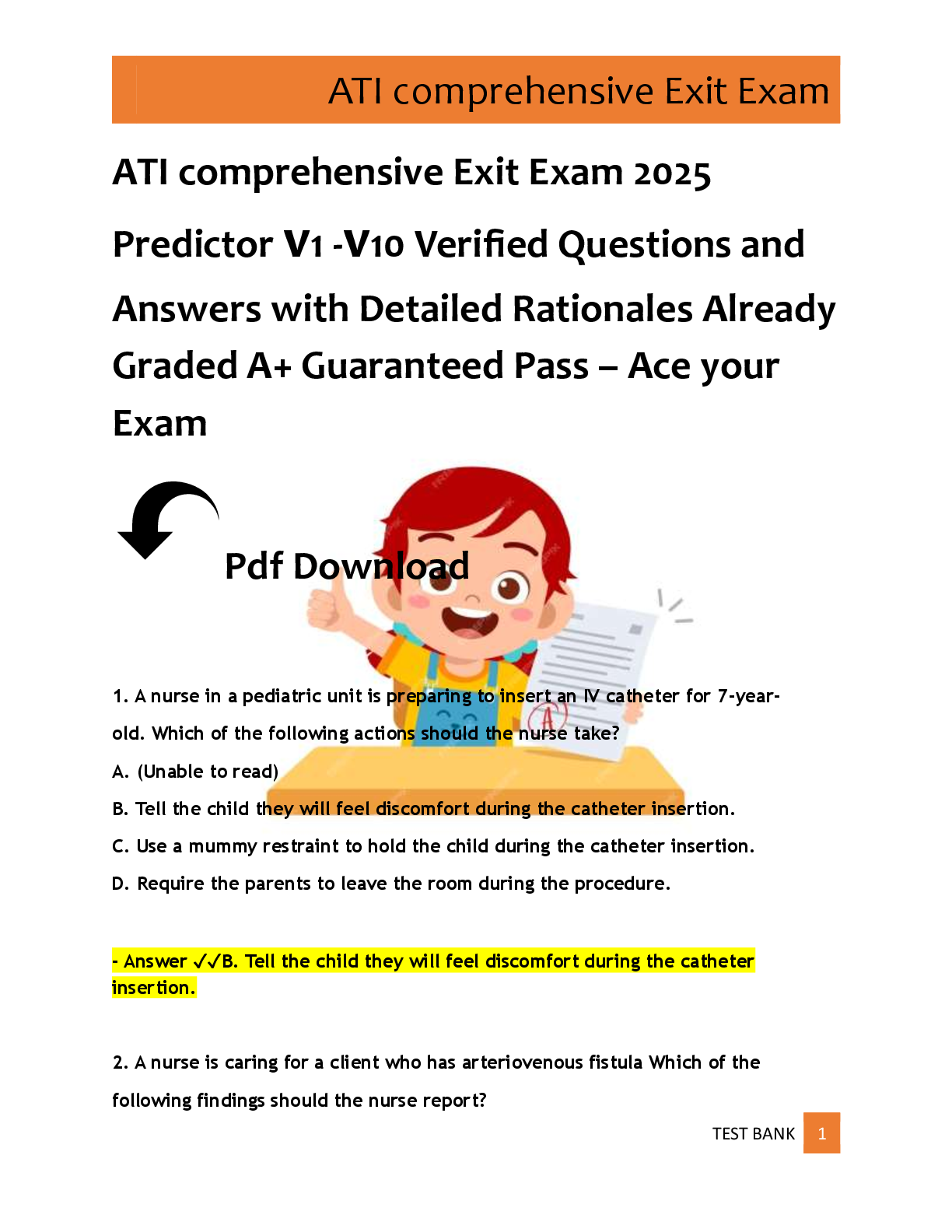 Preview image for ATI comprehensive Exit Exam 2025  Predictor v1 -v10 Verified Questions and  Answers with Detailed Rationales Already  Graded A+ Guaranteed Pass – Ace your  Exam