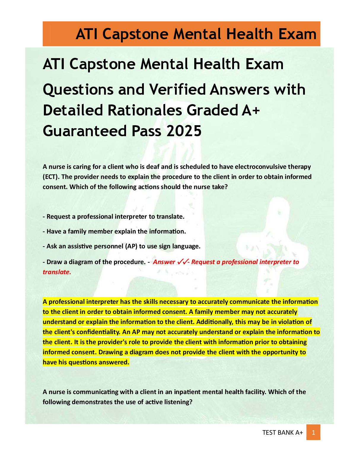 Preview of ATI Capstone Mental Health Exam   Questions and Verified Answers with  Detailed Rationales