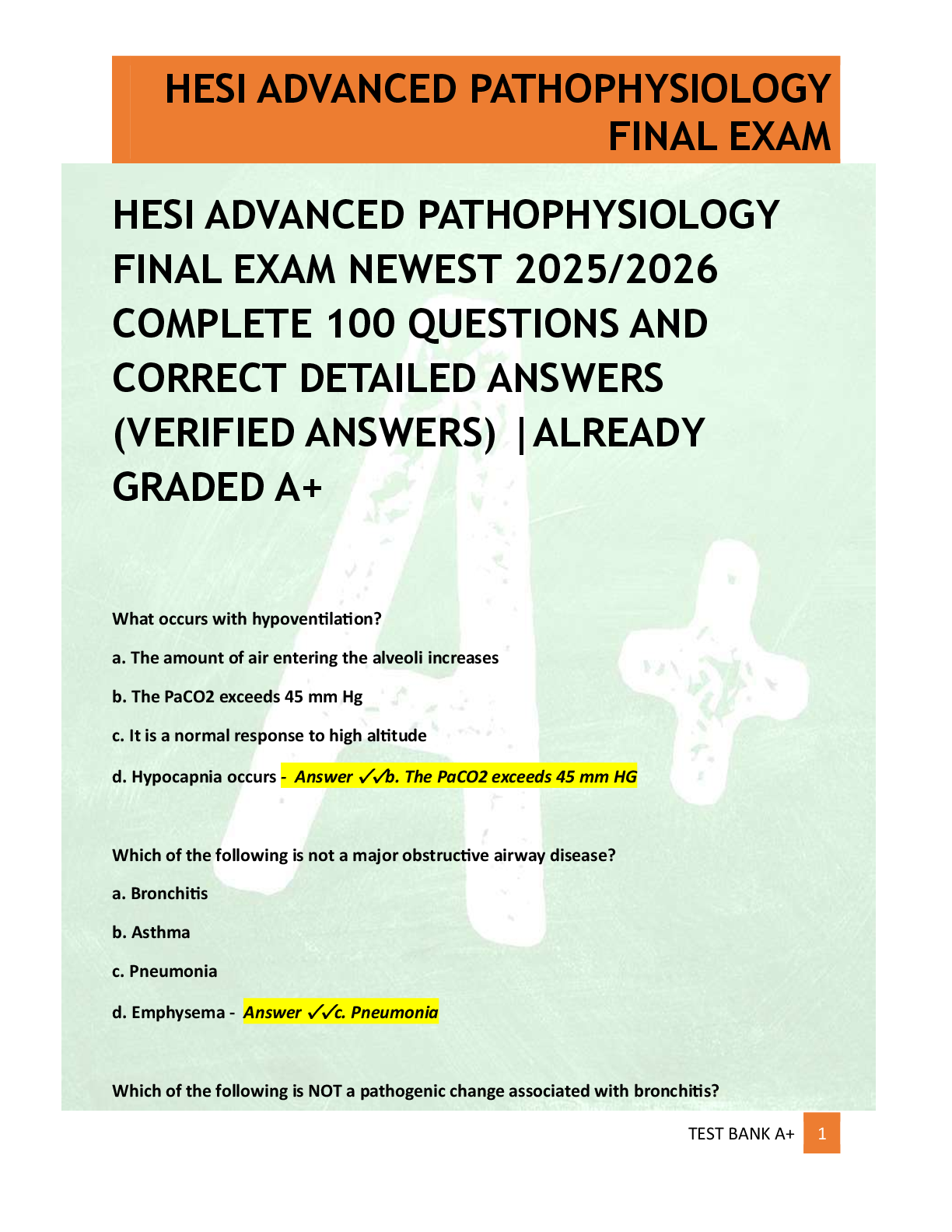 Preview of HESI ADVANCED PATHOPHYSIOLOGY  FINAL EXAM NEWEST 2025/2026  COMPLETE 100 QUESTIONS AND  CORRECT DETAILED ANSWERS  (VERIFIED ANSWERS) |ALREADY  GRADED A+