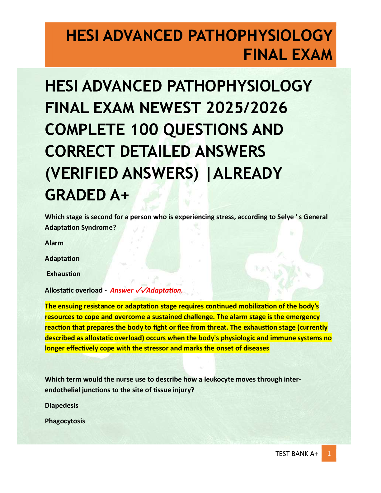 Preview of HESI ADVANCED PATHOPHYSIOLOGY  FINAL EXAM NEWEST 2025/2026  COMPLETE 100 QUESTIONS AND  CORRECT DETAILED ANSWERS  (VERIFIED ANSWERS) |ALREADY  GRADED A+
