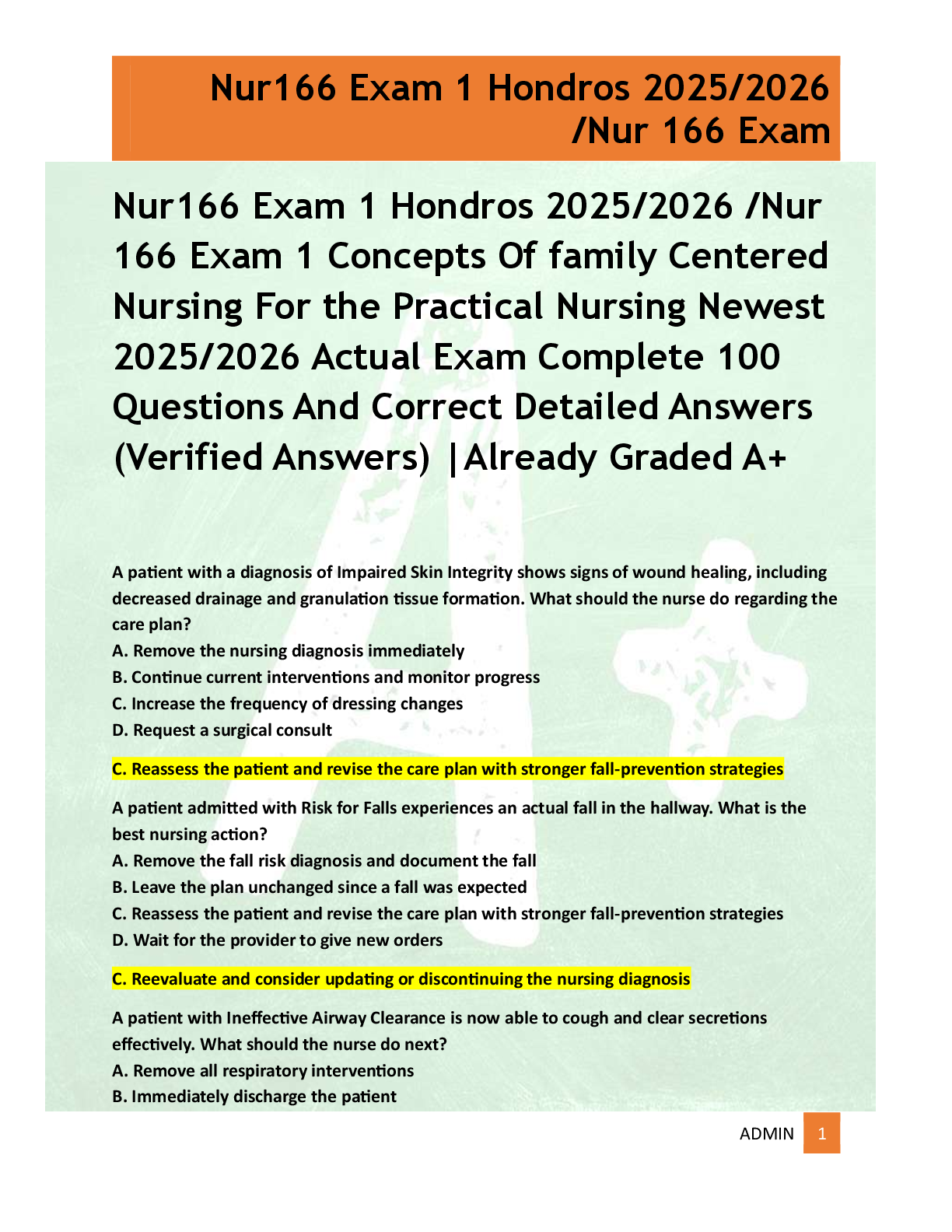 Preview of Nur166 Exam 1 Hondros 2025/2026 /Nur  166 Exam 1 Concepts Of family Centered  Nursing For