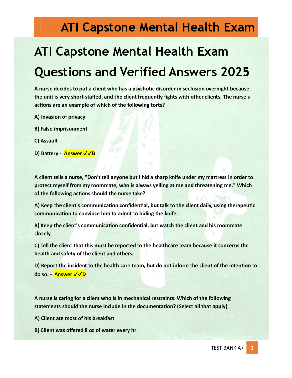 Preview of ATI Capstone Mental Health Exam   Questions and Verified Answers 2025