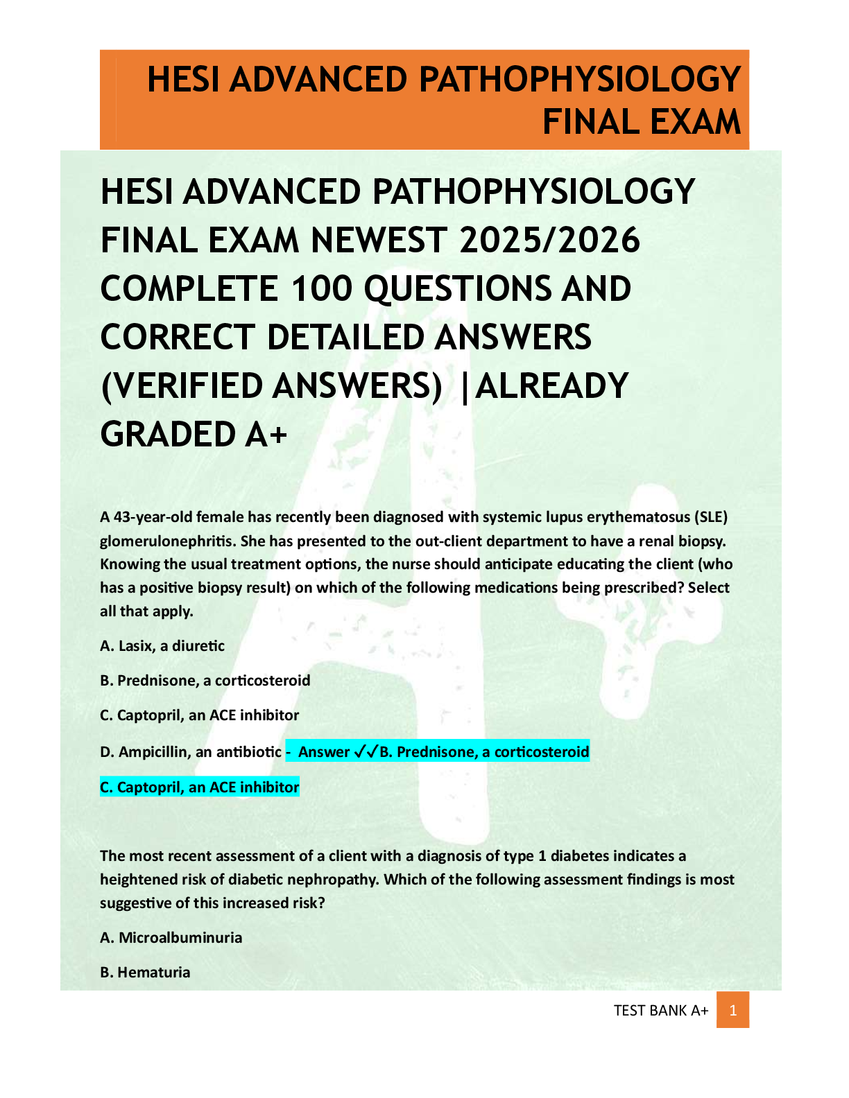 Preview of HESI ADVANCED PATHOPHYSIOLOGY  FINAL EXAM NEWEST 2025/2026  COMPLETE 100 QUESTIONS AND  CORRECT DETAILED ANSWERS  (VERIFIED ANSWERS) |ALREADY  GRADED A+