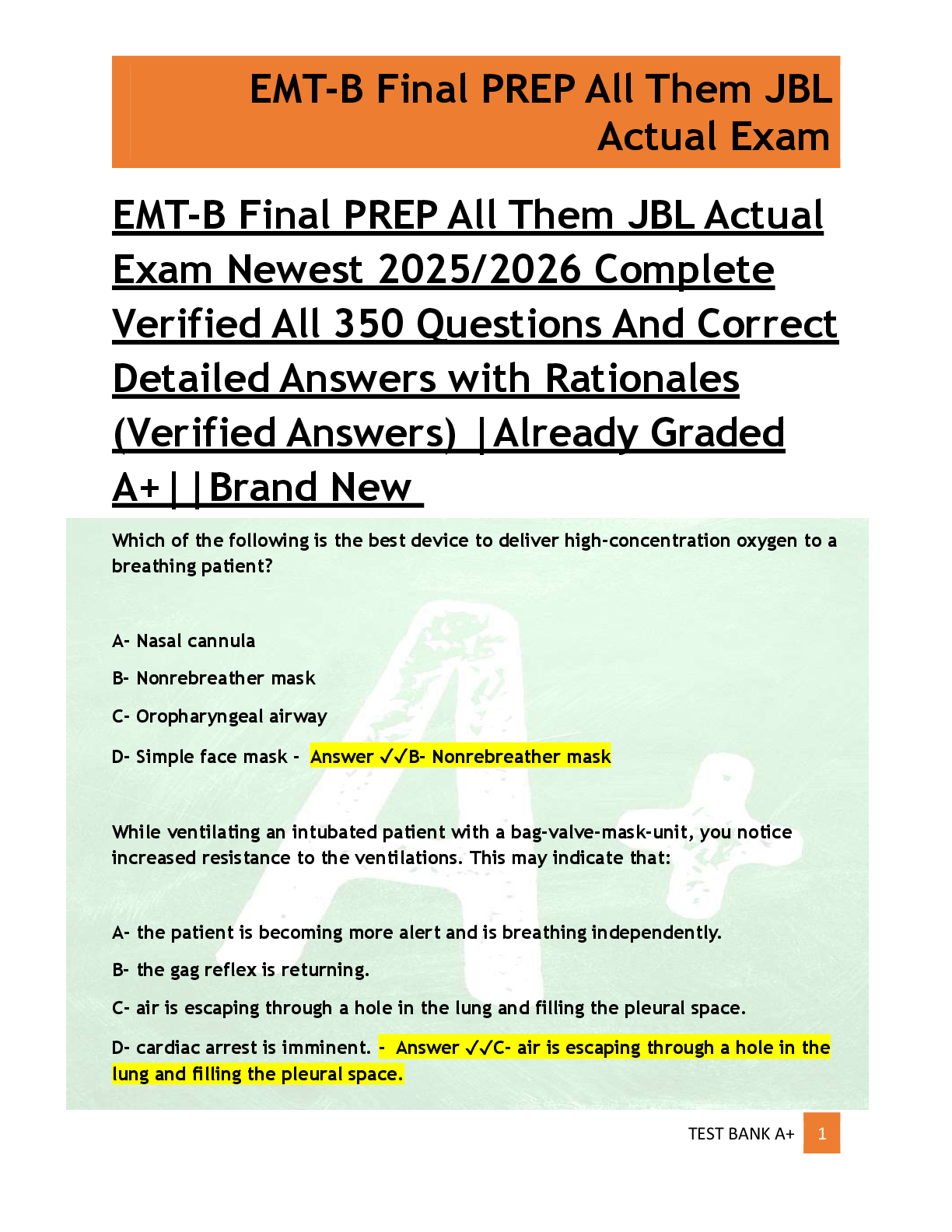 Preview of EMT-B Final PREP All Them JBL Actual  Exam Newest 2025/2026 Complete  Verified All 350 Questions And Correct  Detailed Answers with Rationales  (Verified Answers) |Already Graded  A+||Brand New