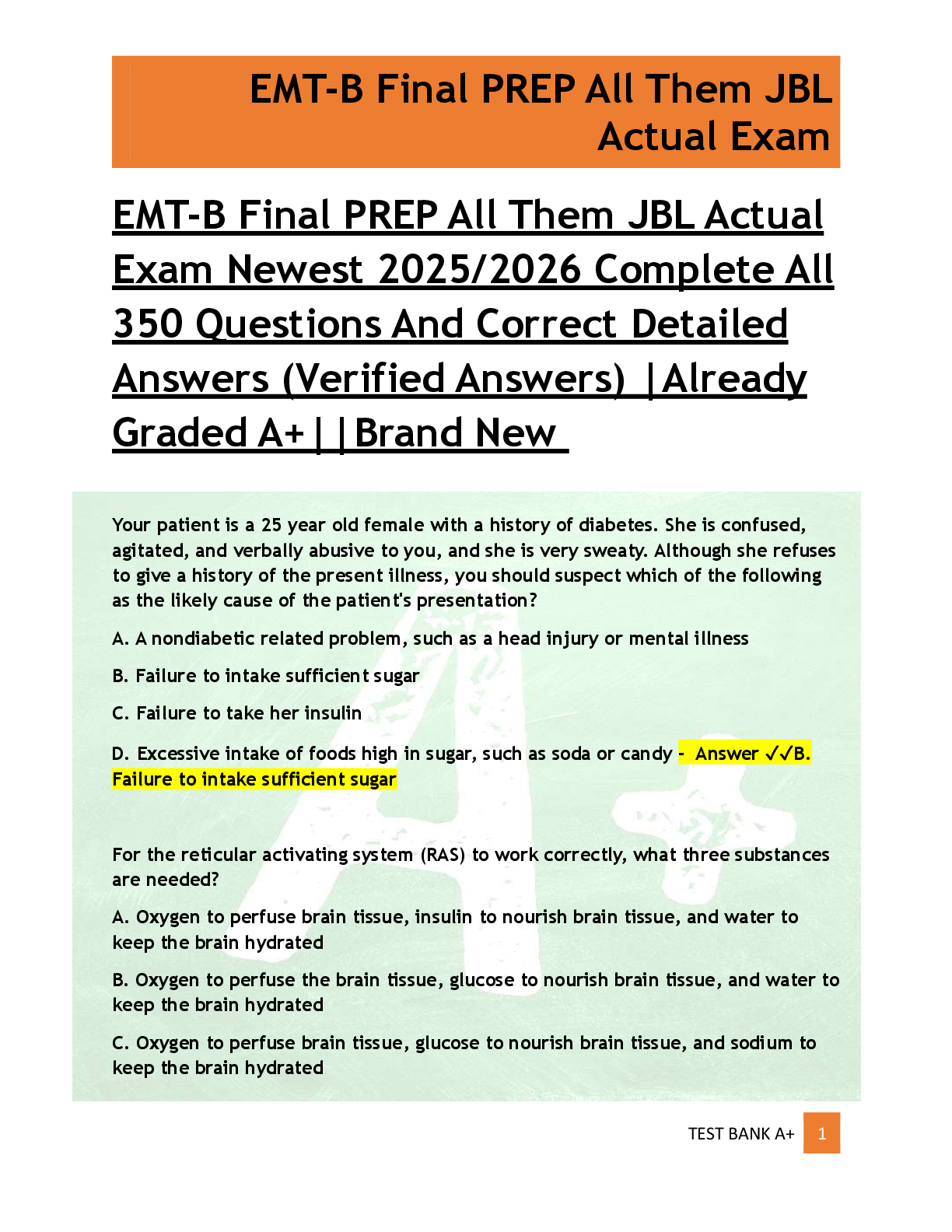 Preview of EMT-B Final PREP All Them JBL Actual  Exam Newest 2025/2026 Complete All  350 Questions And Correct Detailed  Answers (Verified Answers) |Already  Graded A+||Brand New
