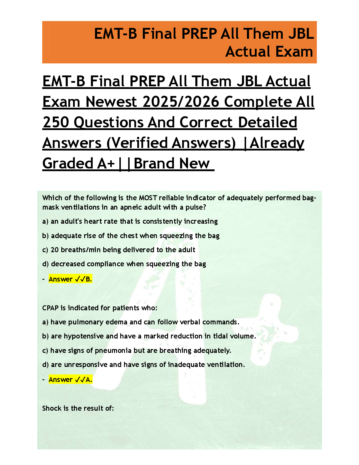 Preview of EMT-B Final PREP All Them JBL Actual  Exam Newest 2025/2026 Complete All  250 Questions And Correct Detailed  Answers (Verified Answers) |Already  Graded A+||Brand New