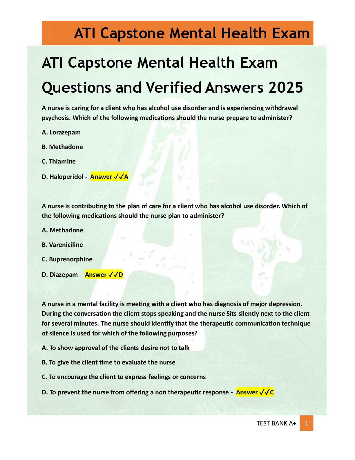 Preview of ATI Capstone Mental Health Exam   Questions and Verified Answers 2025