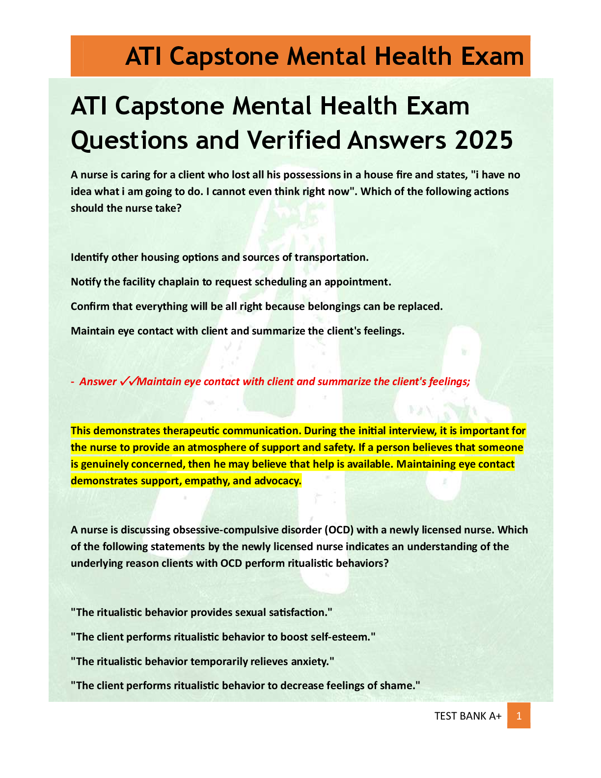 Preview of ATI Capstone Mental Health Exam  Questions and Verified Answers 2025