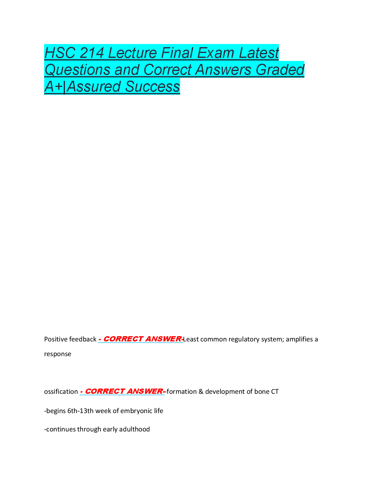 Preview of HSC 214 Lecture Final Exam Latest  Questions and Correct Answers Graded  A+|Assured Succes