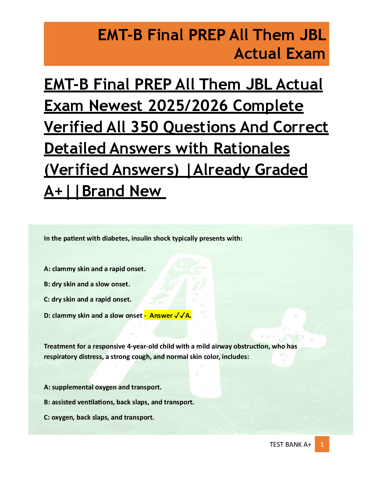 Preview of EMT-B Final PREP All Them JBL Actual  Exam Newest 2025/2026 Complete  Verified All 350 Questions And Correct  Detailed Answers with Rationales  (Verified Answers) |Already Graded  A+||Brand New