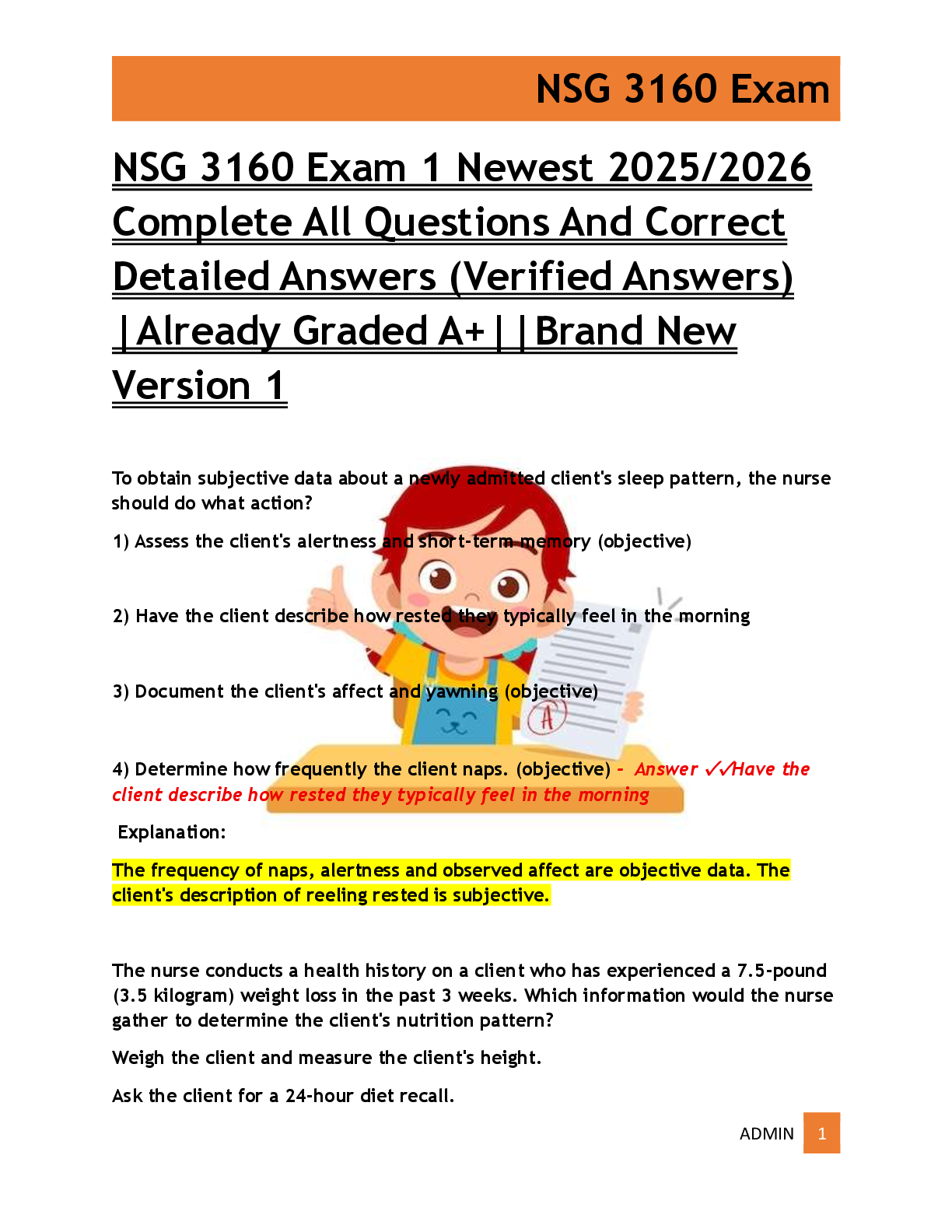 Recommended document preview for NSG 3160 Exam 1 Newest 2025/2026  Complete All Questions And Correct  Detailed Answers (Verified Answers)  |Already Graded A+||Brand New  Version 1