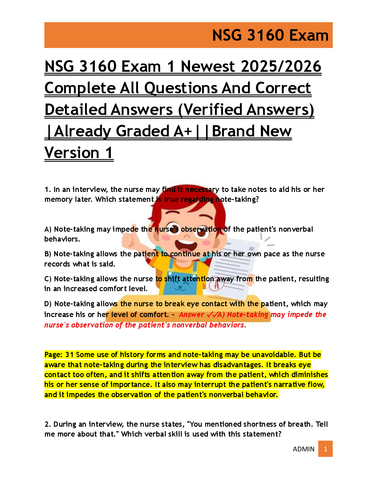 Recommended document preview for NSG 3160 Exam 1 Newest 2025/2026  Complete All Questions And Correct  Detailed Answers (Verified Answers)  |Already Graded A+||Brand New  Version 1