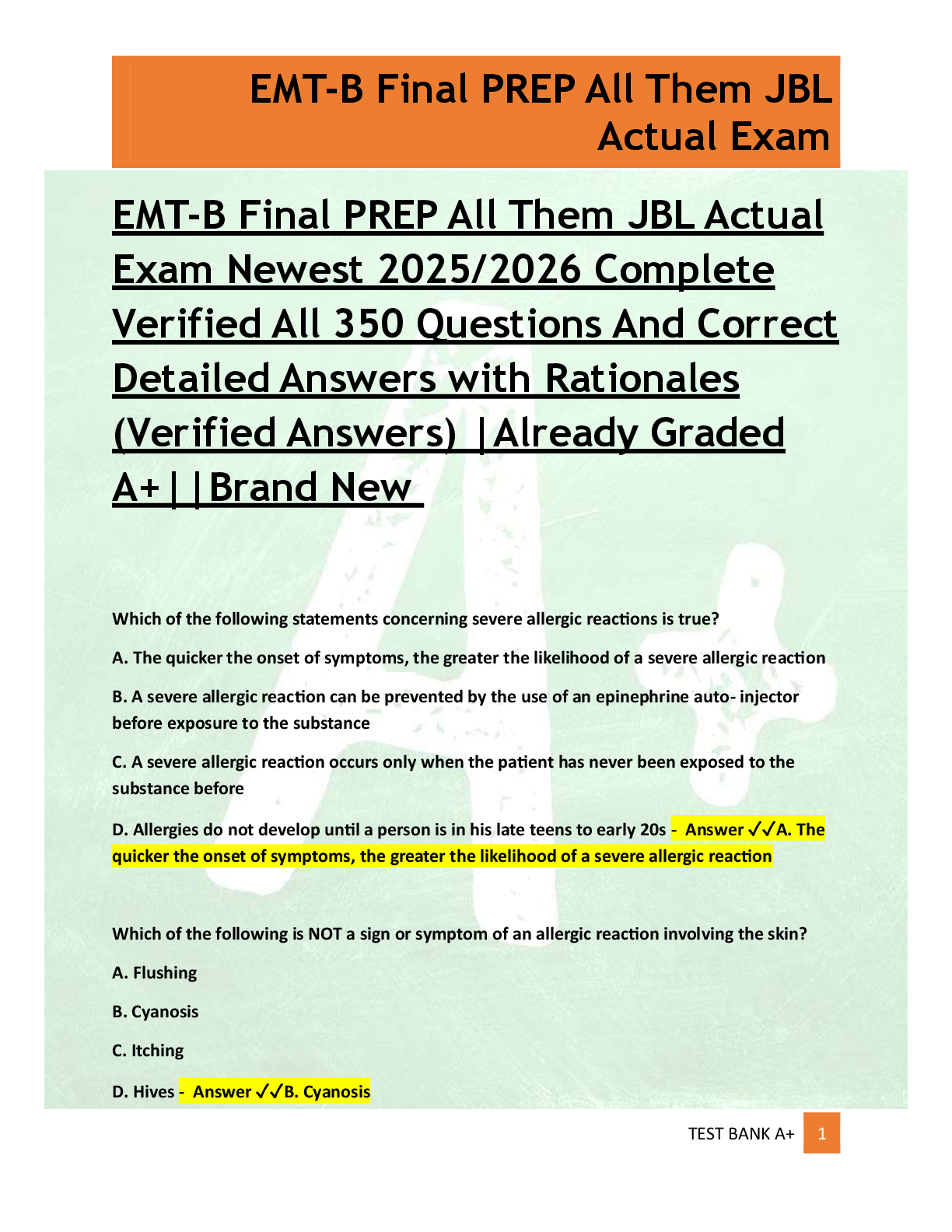 Preview of EMT-B Final PREP All Them JBL Actual  Exam Newest 2025/2026 Complete  Verified All 350 Questions And Correct  Detailed Answers with Rationales  (Verified Answers) |Already Graded  A+||Brand New