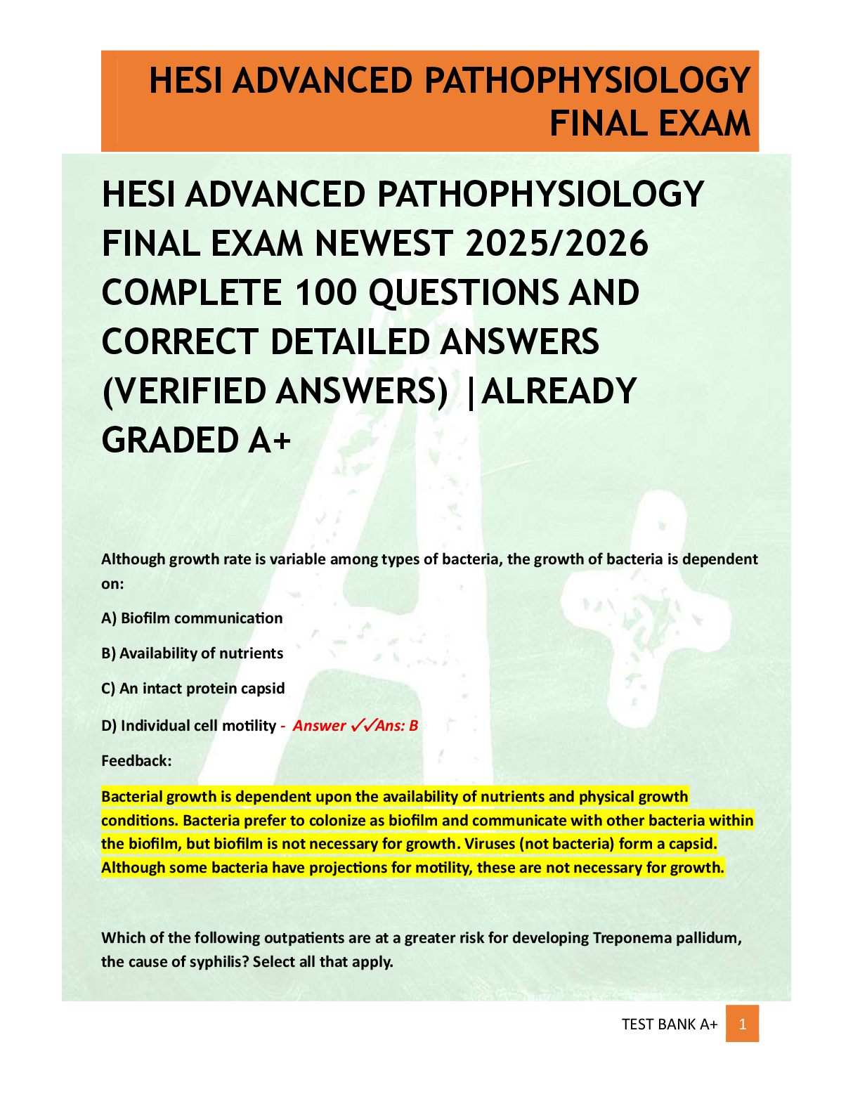 Preview of HESI ADVANCED PATHOPHYSIOLOGY  FINAL EXAM NEWEST 2025/2026  COMPLETE 100 QUESTIONS AND  CORRECT DETAILED ANSWERS  (VERIFIED ANSWERS) |ALREADY  GRADED A+