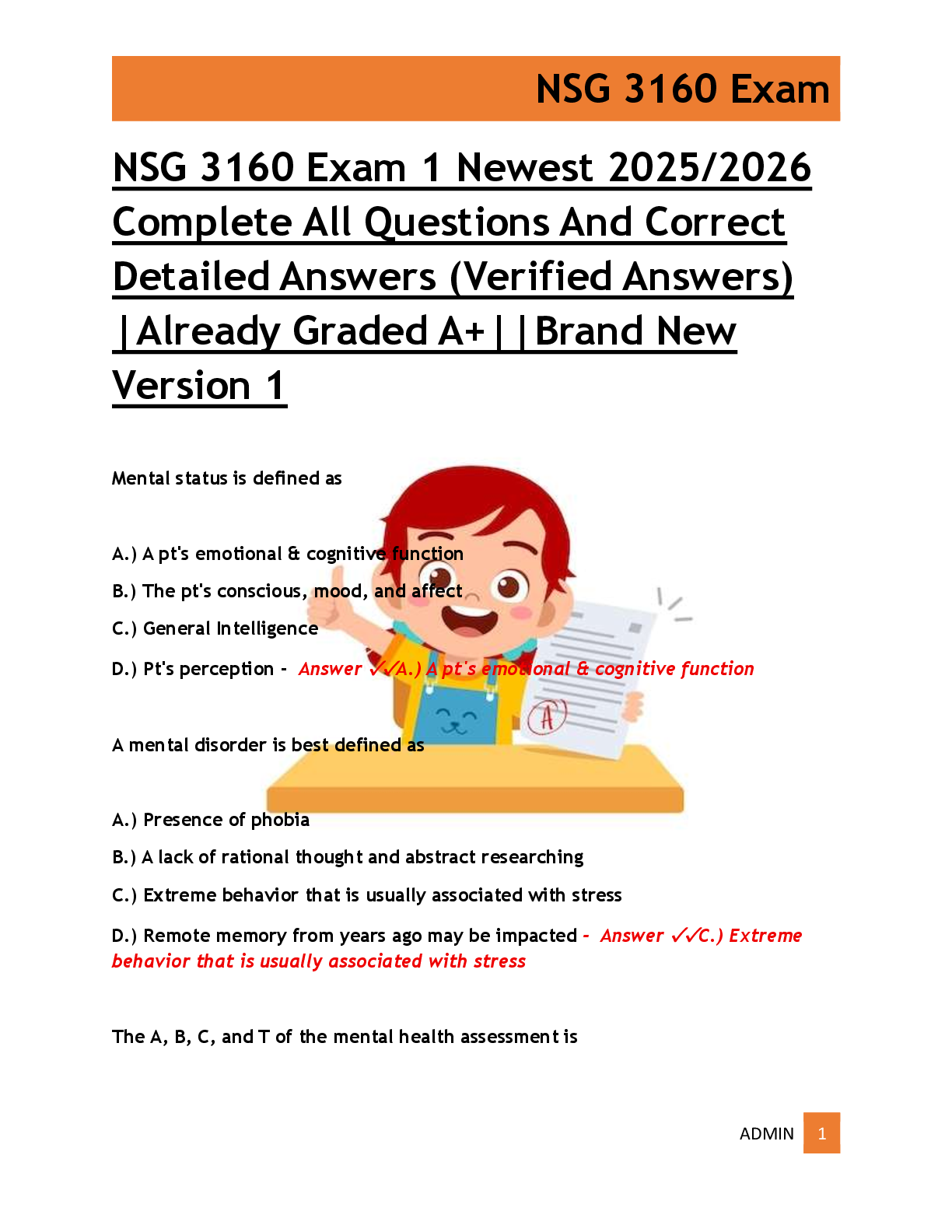 Recommended document preview for NSG 3160 Exam 1 Newest 2025/2026  Complete All Questions And Correct  Detailed Answers (Verified Answers)  |Already Graded A+||Brand New  Version 1