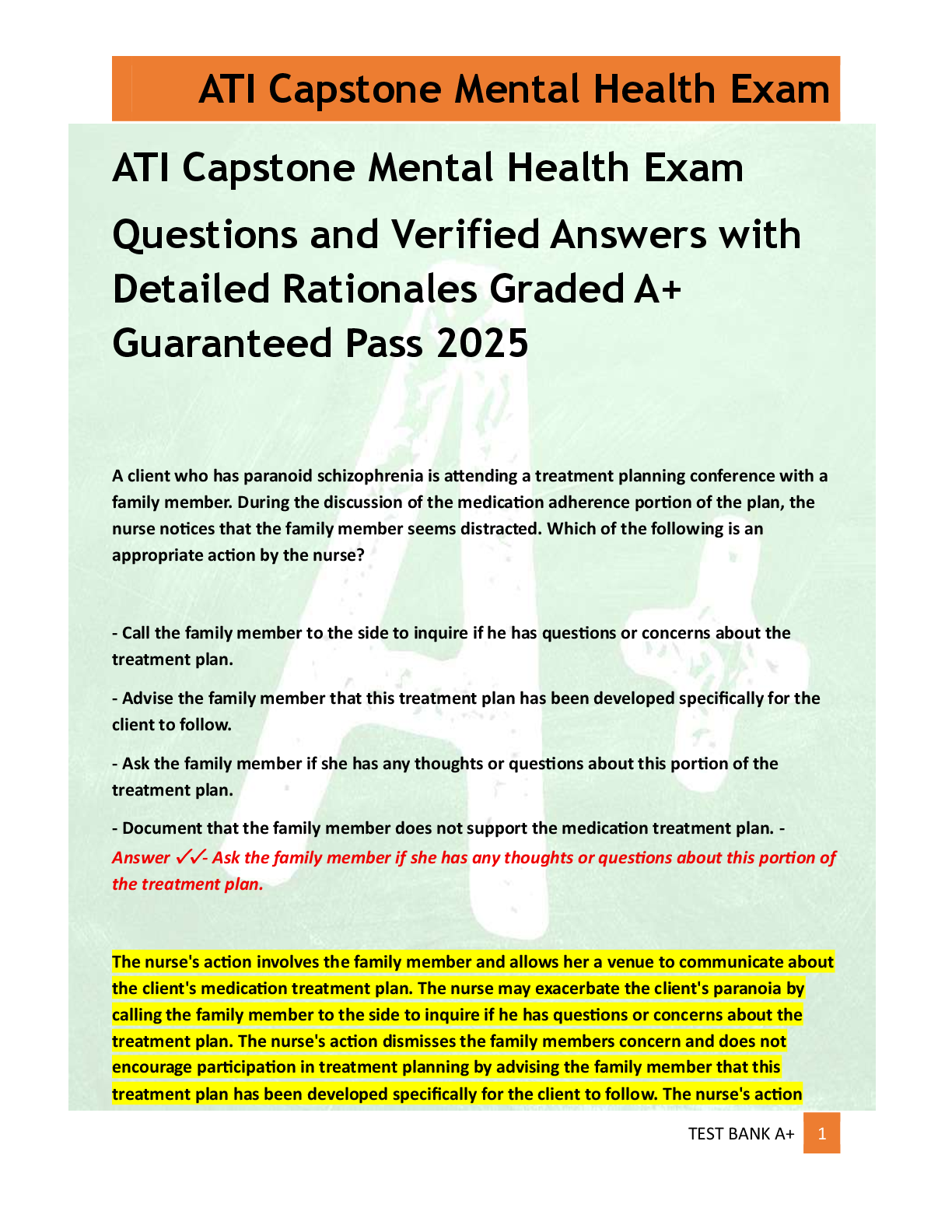 ATI Capstone Mental Health Exam   Questions and Verified Answers with  Detailed Rationales Graded A+  Guaranteed Pass 2025