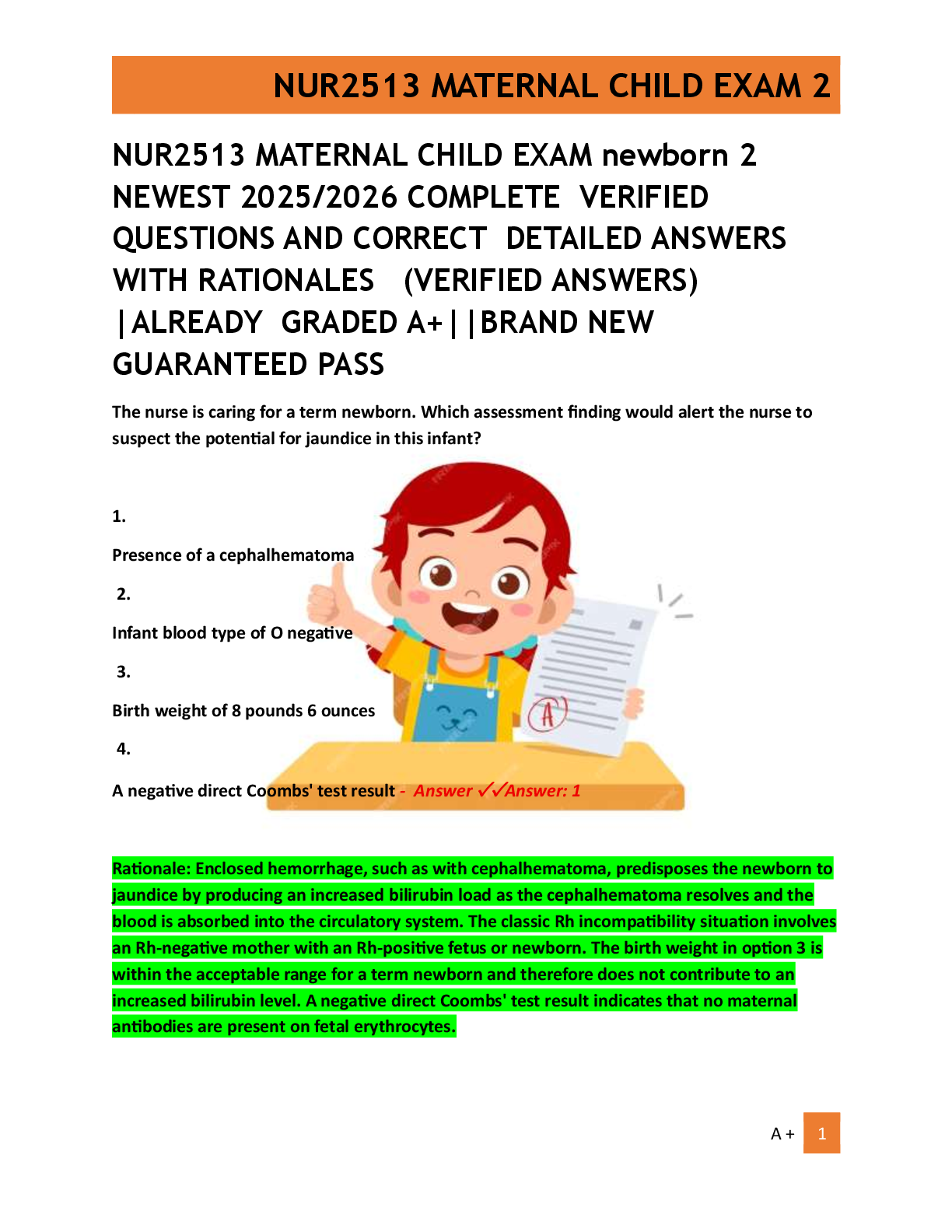 Preview of NUR2513 MATERNAL CHILD EXAM newborn 2   NEWEST 2025/2026 COMPLETE  VERIFIED  QUESTIONS AND CORRECT  DETAILED ANSWERS  WITH RATIONALES   (VERIFIED ANSWERS)  |ALREADY  GRADED A+||BRAND NEW   GUARANTEED PASS