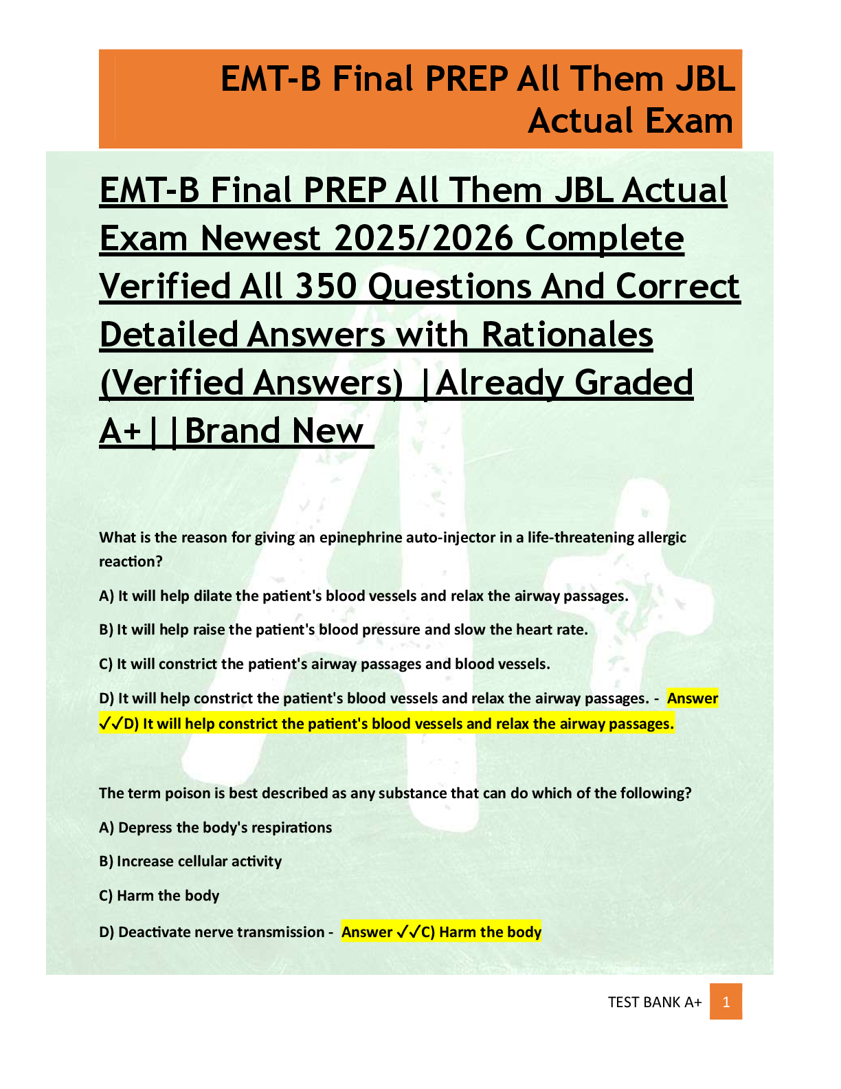 Preview of EMT-B Final PREP All Them JBL Actual  Exam Newest 2025/2026 Complete  Verified All 350 Questions And Correct  Detailed Answers with Rationales  (Verified Answers) |Already Graded  A+