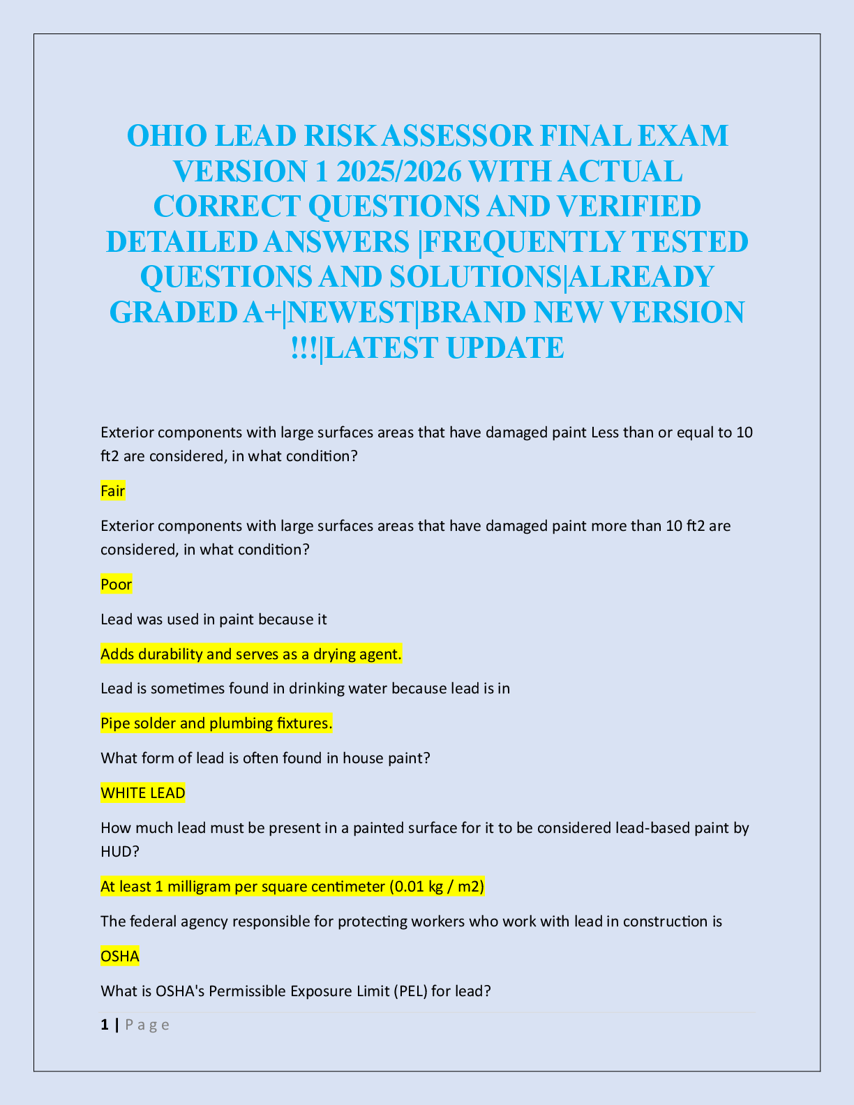 Preview image for OHIO LEAD RISK ASSESSOR FINAL EXAM  VERSION 1 2025/2026