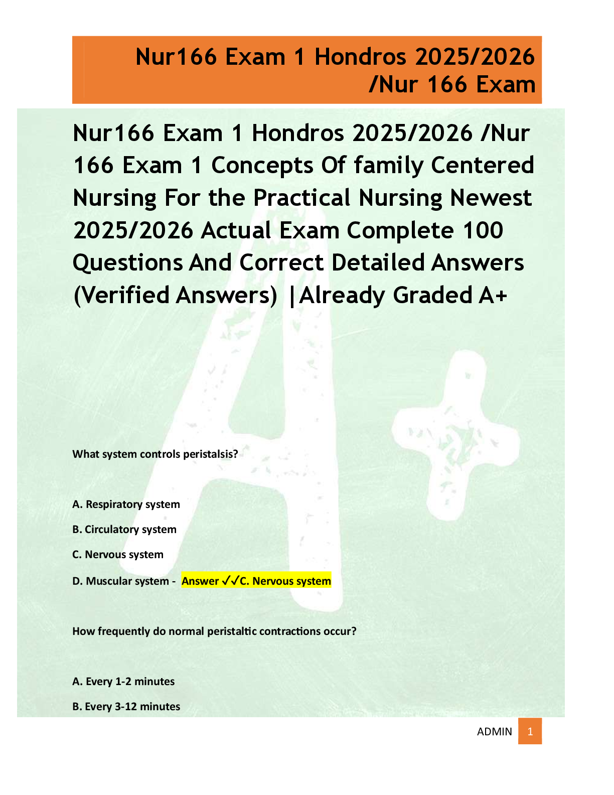 Preview of Nur166 Exam 1 Hondros 2025/2026 /Nur  166 Exam 1 Concepts Of family Centered  Nursing For