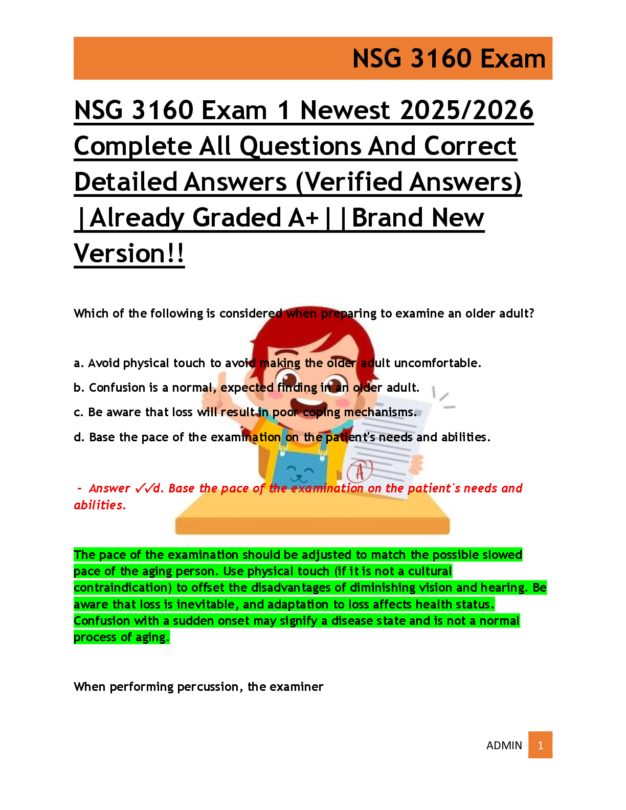 Recommended document preview for NSG 3160 Exam 1 Newest 2025/2026  Complete All Questions And Correct  Detailed Answers (Verified Answers)  |Already Graded A+||Brand New  Version!!