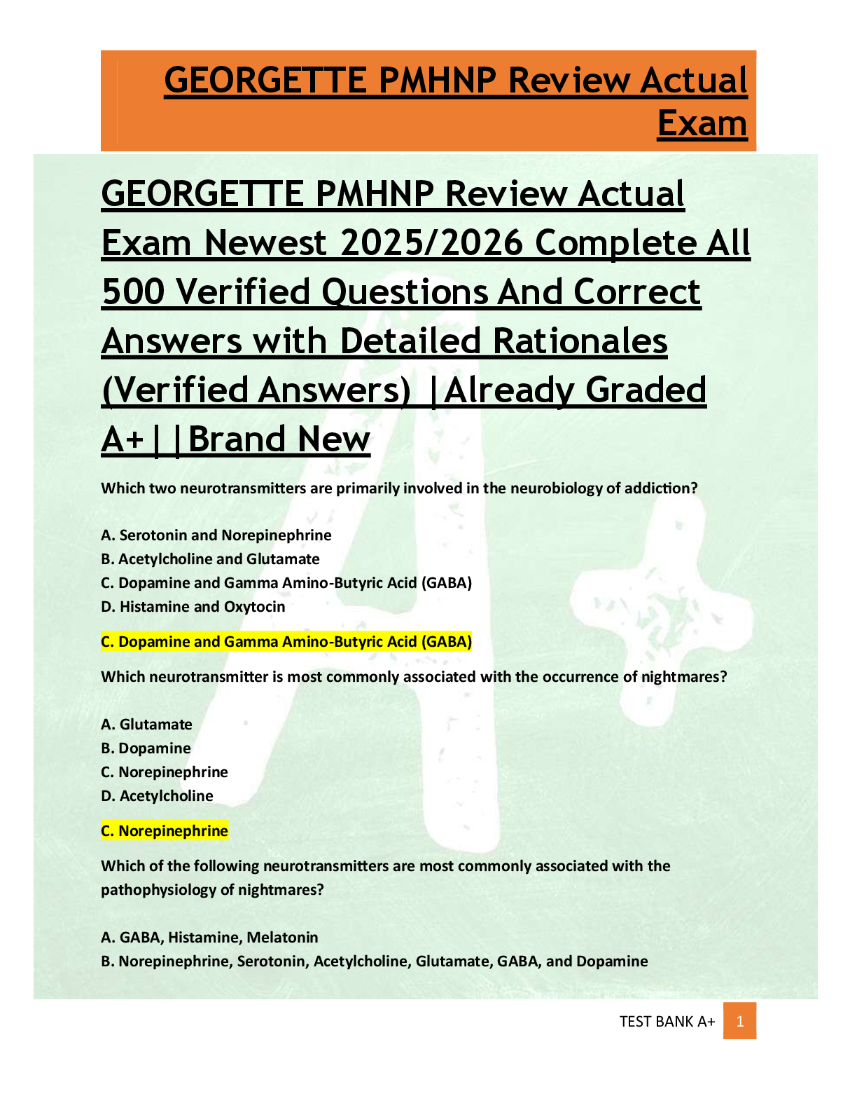 Preview of GEORGETTE PMHNP Review Actual  Exam Newest 2025/2026 Complete All  500 Verified Questions