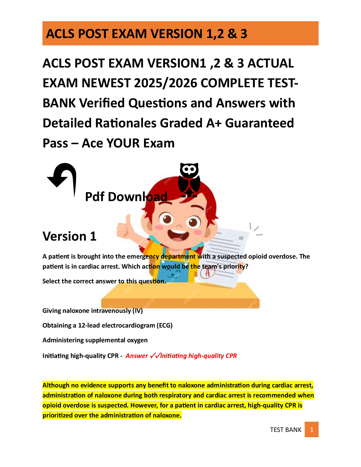 Preview of ACLS POST EXAM VERSION1 ,2 &amp; 3 ACTUAL  EXAM NEWEST 2025/2026 COMPLETE TEST BANK Verified Questions and Answers with  Detailed Rationales Graded A+ Guaranteed  Pass – Ace YOUR Exam