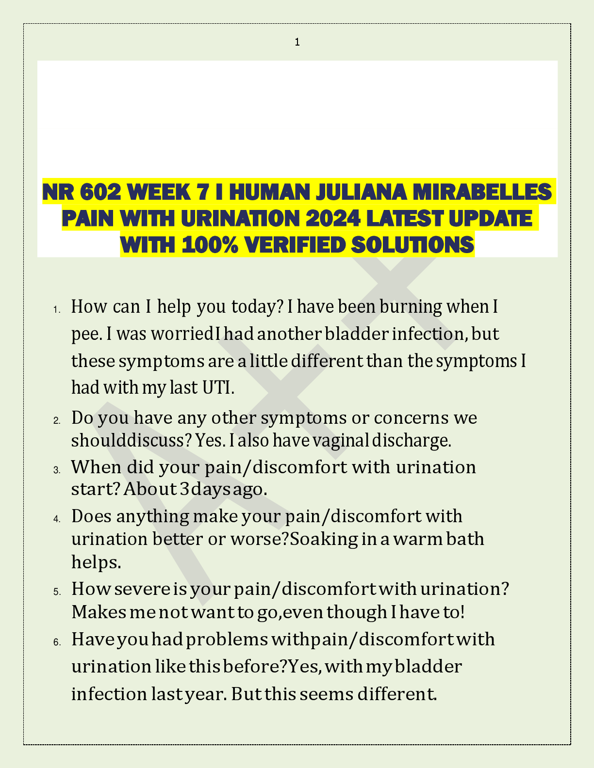 Preview image for NR 602 WEEK 7 I HUMAN JULIANA MIRABELLES  PAIN WITH URINATION 2024 LATEST UPDATE  WITH 100% VERIFIED SOLUTIONS