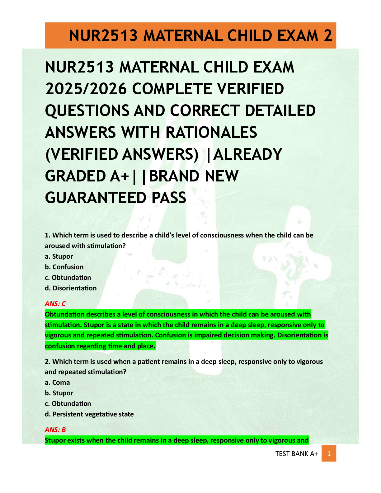 Preview of NUR2513 MATERNAL CHILD EXAM  2025/2026 COMPLETE VERIFIED  QUESTIONS AND CORRECT DETAILED  ANSWERS WITH RATIONALES   (VERIFIED ANSWERS) |ALREADY  GRADED A+||BRAND NEW  GUARANTEED PASS