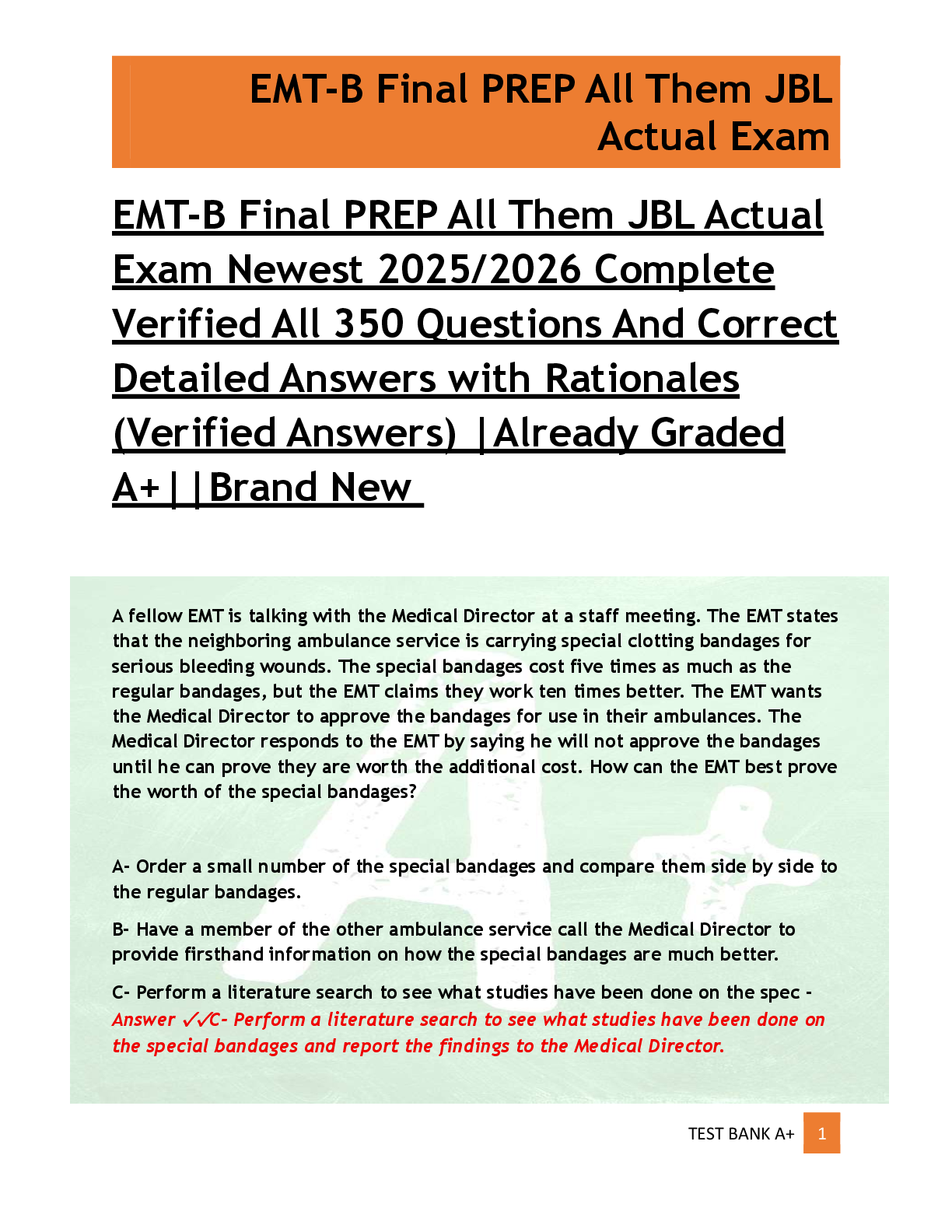 Preview of EMT-B Final PREP All Them JBL Actual  Exam Newest 2025/2026 Complete  Verified All 350 Questions And Correct  Detailed Answers with Rationales  (Verified Answers) |Already Graded  A+||Brand New