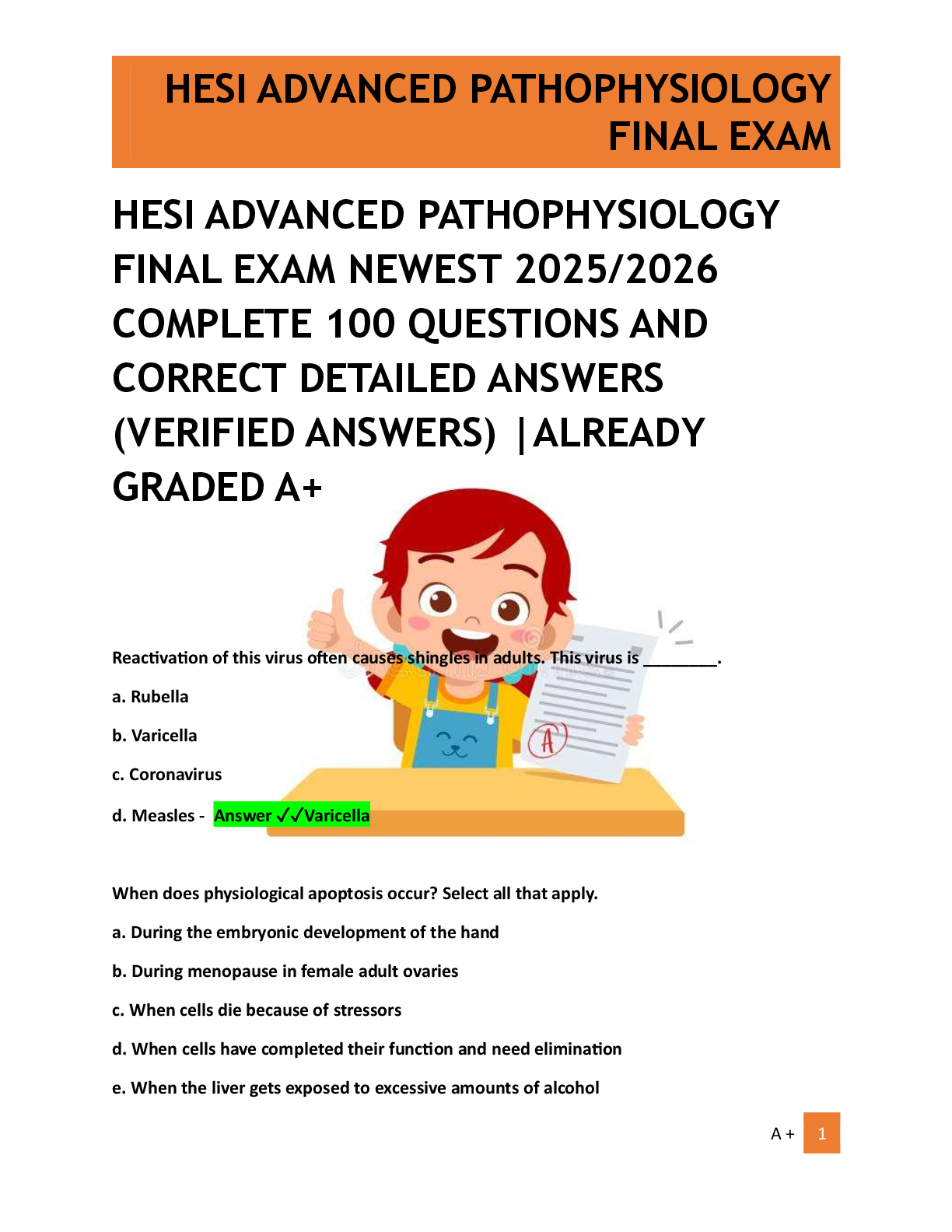 Preview of HESI ADVANCED PATHOPHYSIOLOGY  FINAL EXAM NEWEST 2025/2026  COMPLETE 100 QUESTIONS AND  CORRECT DETAILED ANSWERS  (VERIFIED ANSWERS) |ALREADY  GRADED A+
