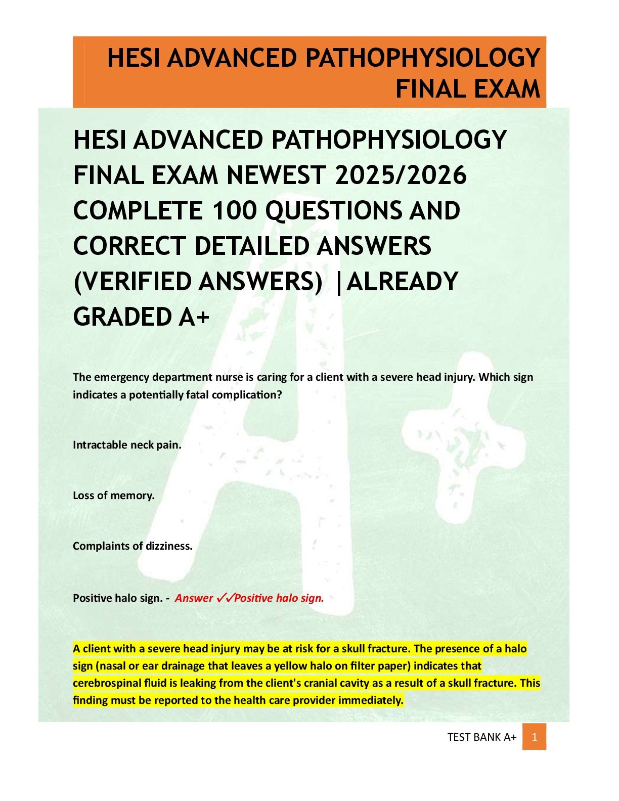 Preview of HESI ADVANCED PATHOPHYSIOLOGY  FINAL EXAM NEWEST 2025/2026  COMPLETE 100 QUESTIONS AND  CORRECT DETAILED ANSWERS  (VERIFIED ANSWERS) |ALREADY  GRADED A+