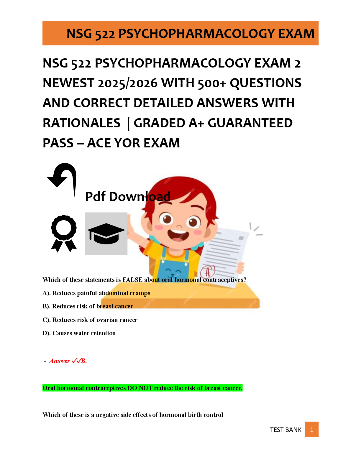 Preview of NSG 522 PSYCHOPHARMACOLOGY EXAM 2  NEWEST 2025/2026 WITH 500+ QUESTIONS  AND CORRECT DETAI