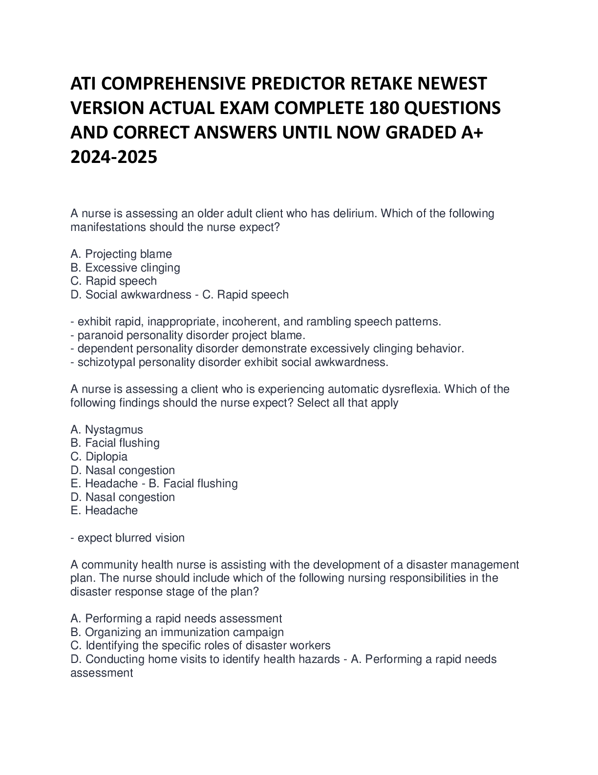Recommended document preview for ATI COMPREHENSIVE PREDICTOR RETAKE NEWEST  VERSION ACTUAL EXAM COMPLETE 180 QUESTIONS  AND CORRECT ANSWERS UNTIL NOW GRADED A+  2024-2025