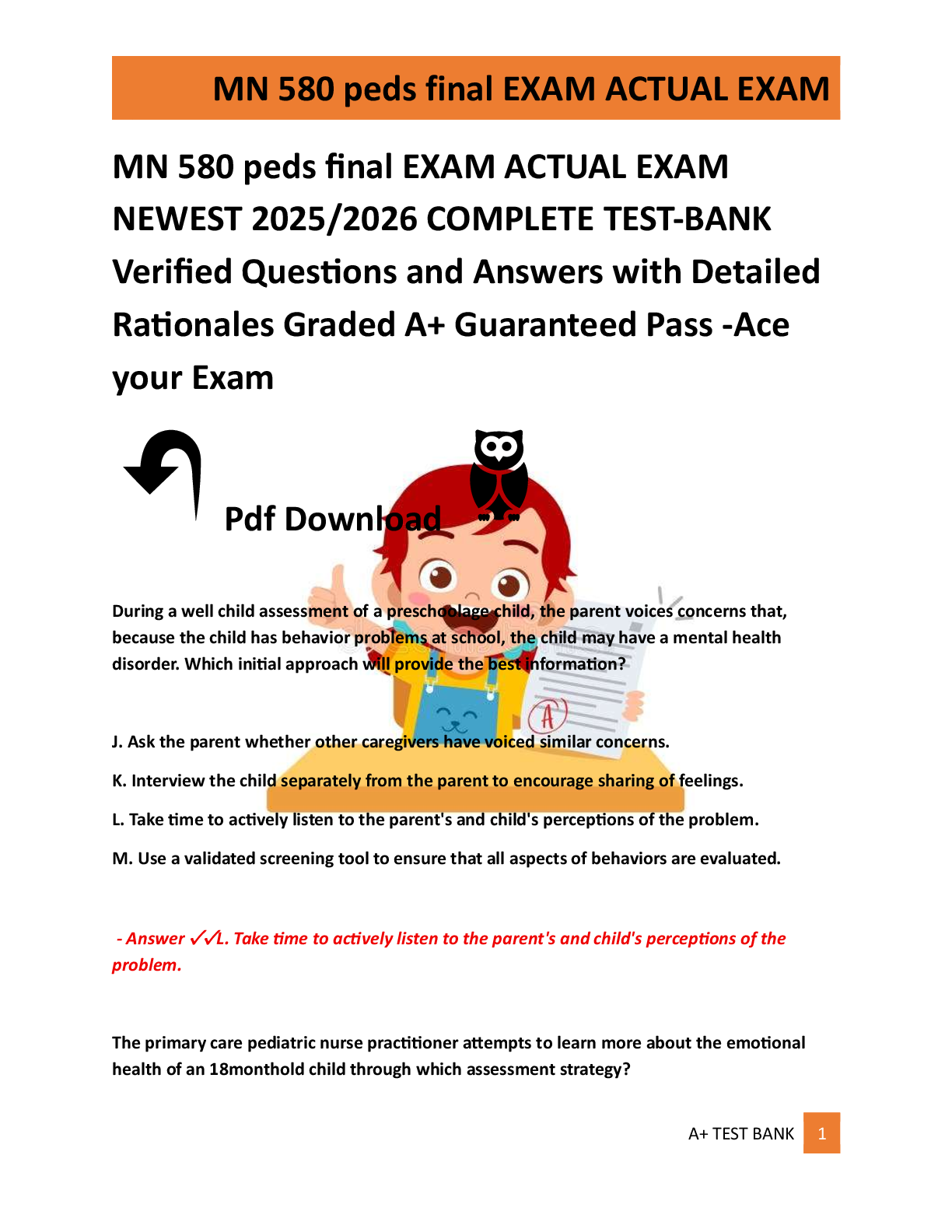 Preview of MN 580 peds final EXAM ACTUAL EXAM  NEWEST 2025/2026 COMPLETE TEST-BANK  Verified Question