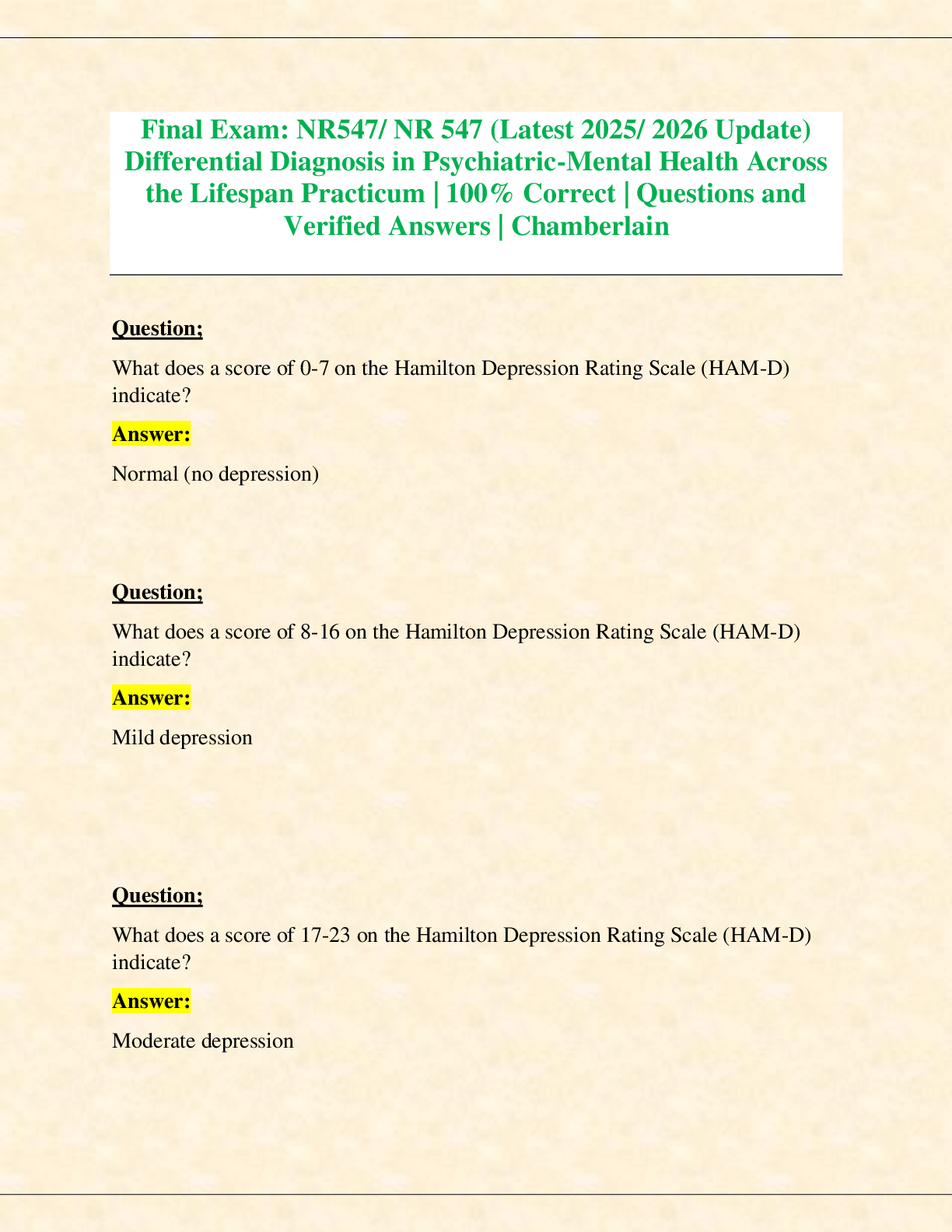 Preview of Final Exam: NR547/ NR 547 (Latest 2025/ 2026 Update)  Differential Diagnosis in Psychiatri
